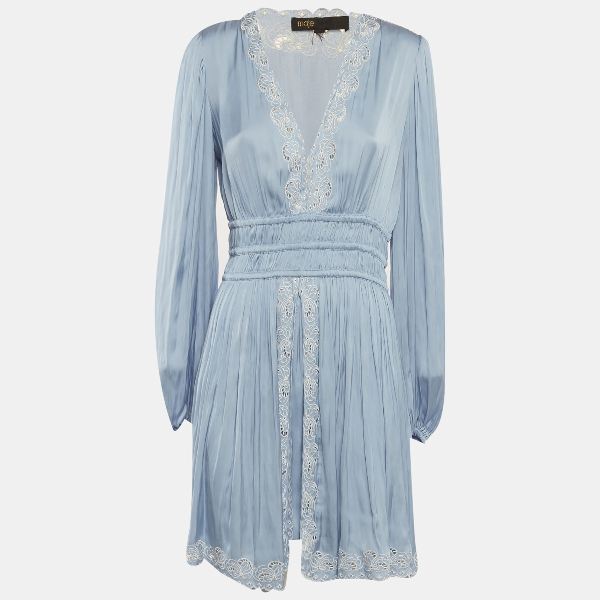 

Maje Blue Embroidered Satin Puff Sleeve Mini Dress M