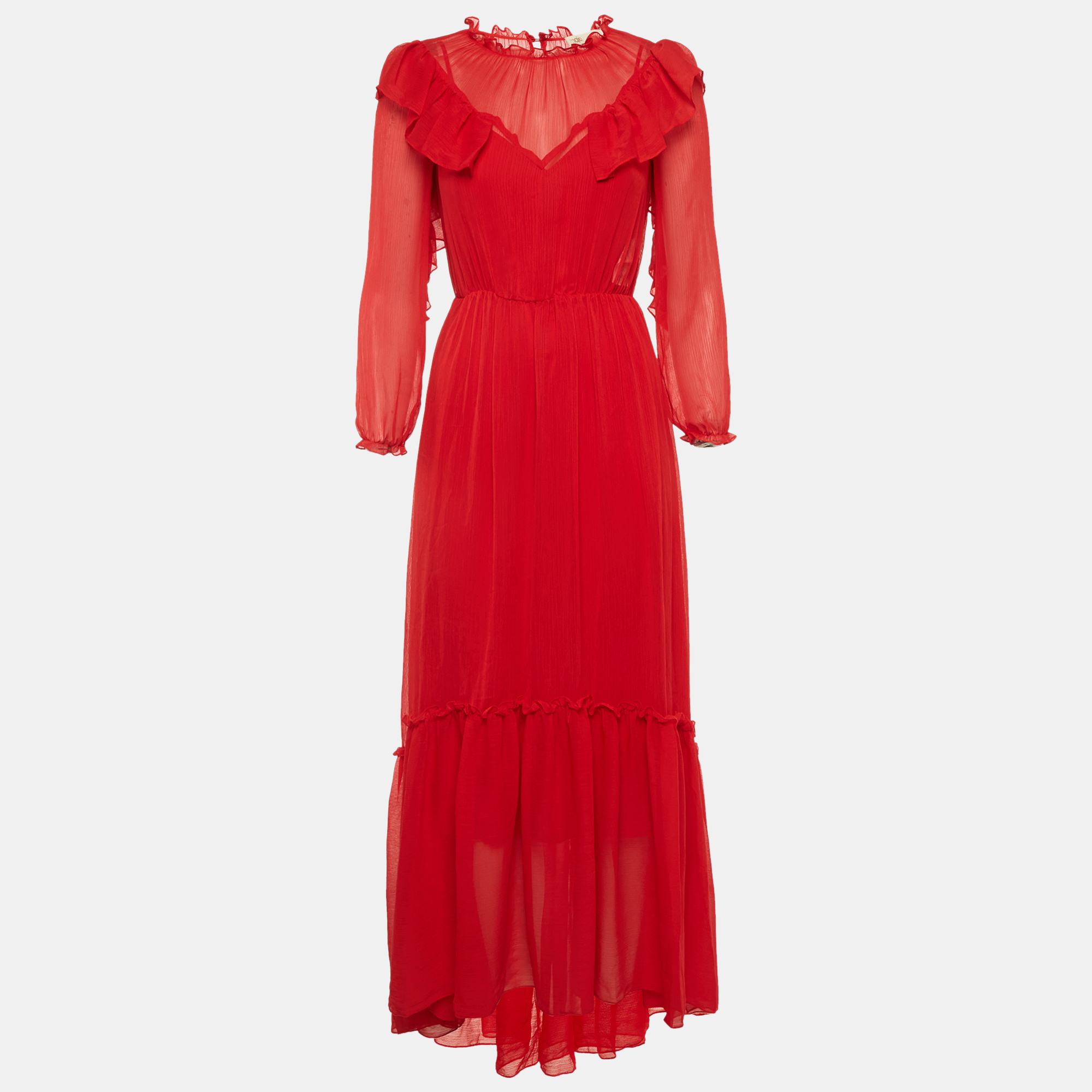 

Maje Red Chiffon Ruffle Maxi Dress S