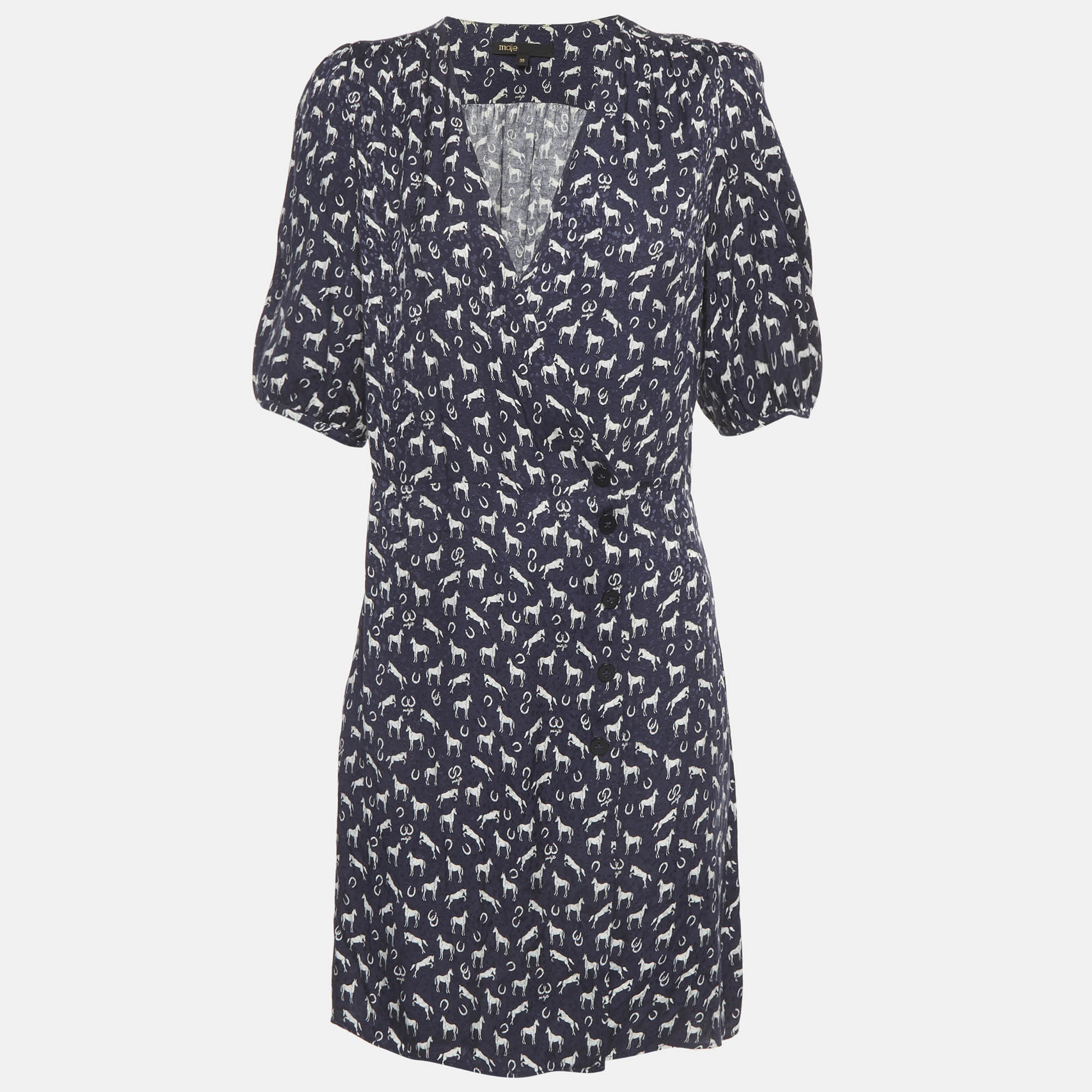 

Maje Navy Blue Horse Print Jacquard Mini Wrap Dress M