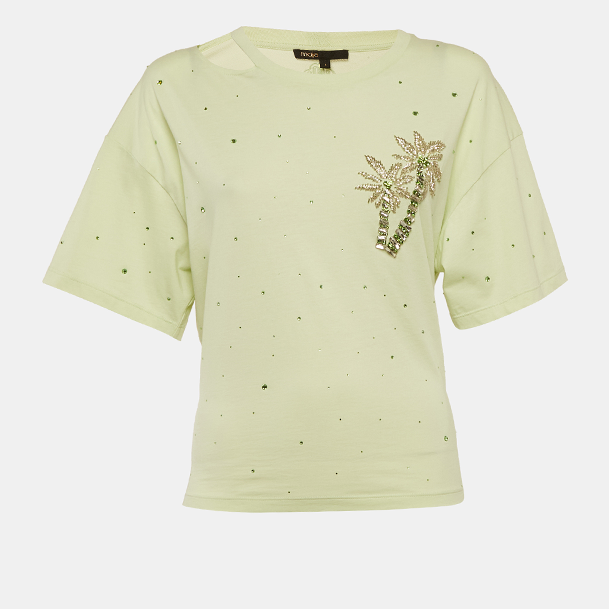 

Maje Green Palm Crystal Jersey Back Tie-Up T-Shirt S