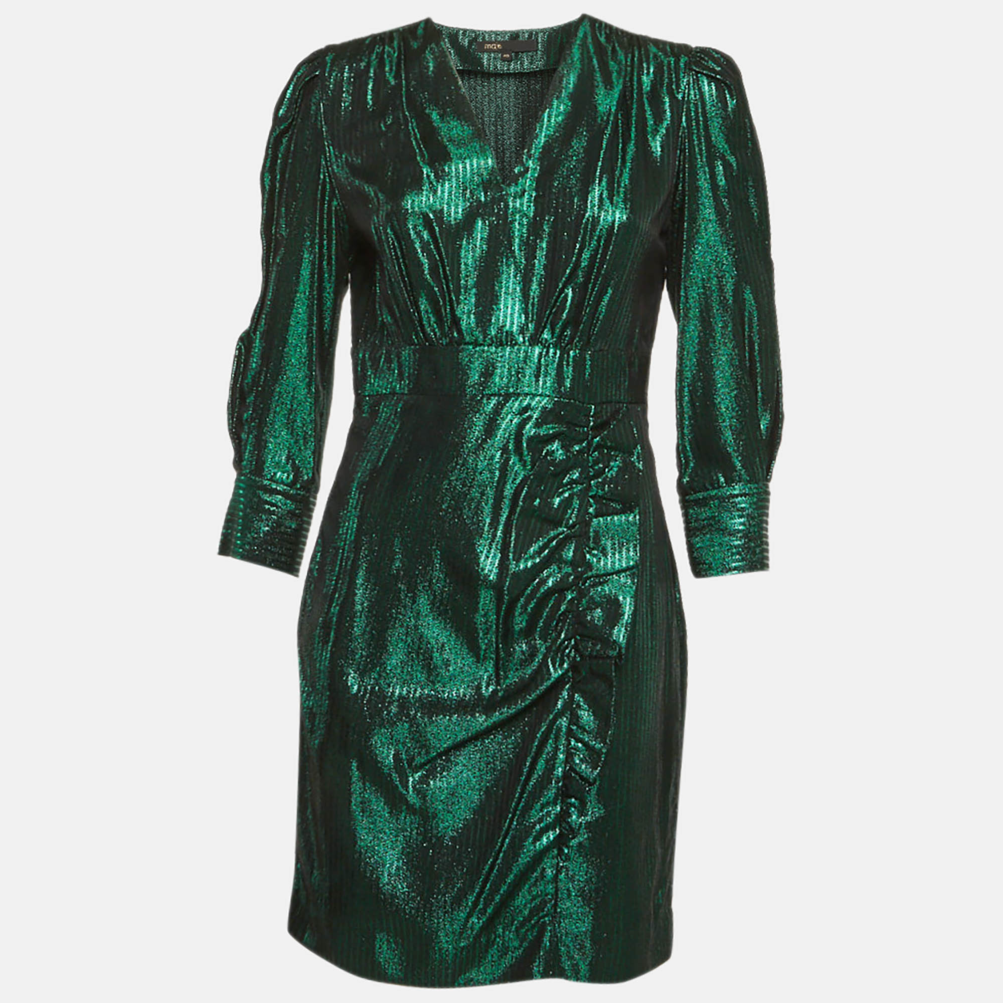 

Maje Green Herringbone Lurex Frilled Mini Dress L