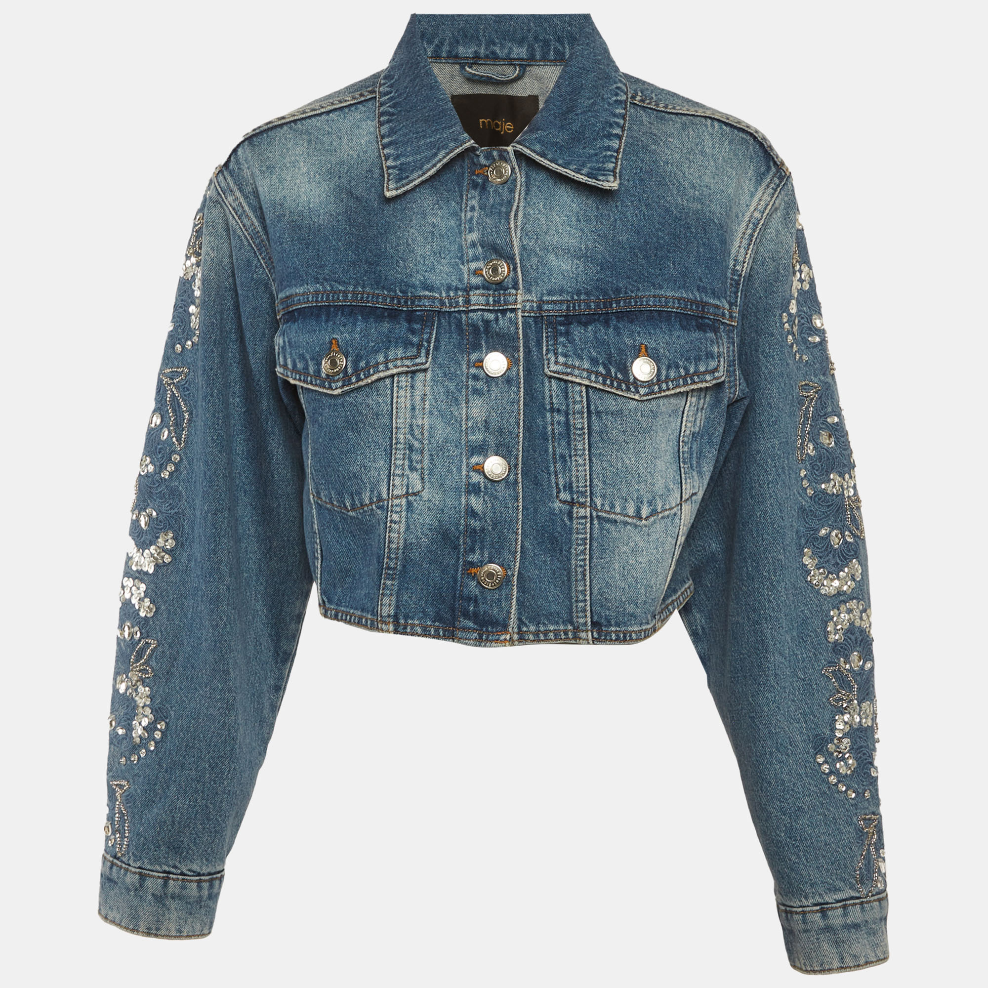 

Maje Blue Denim Embellished Cropped Jacket S