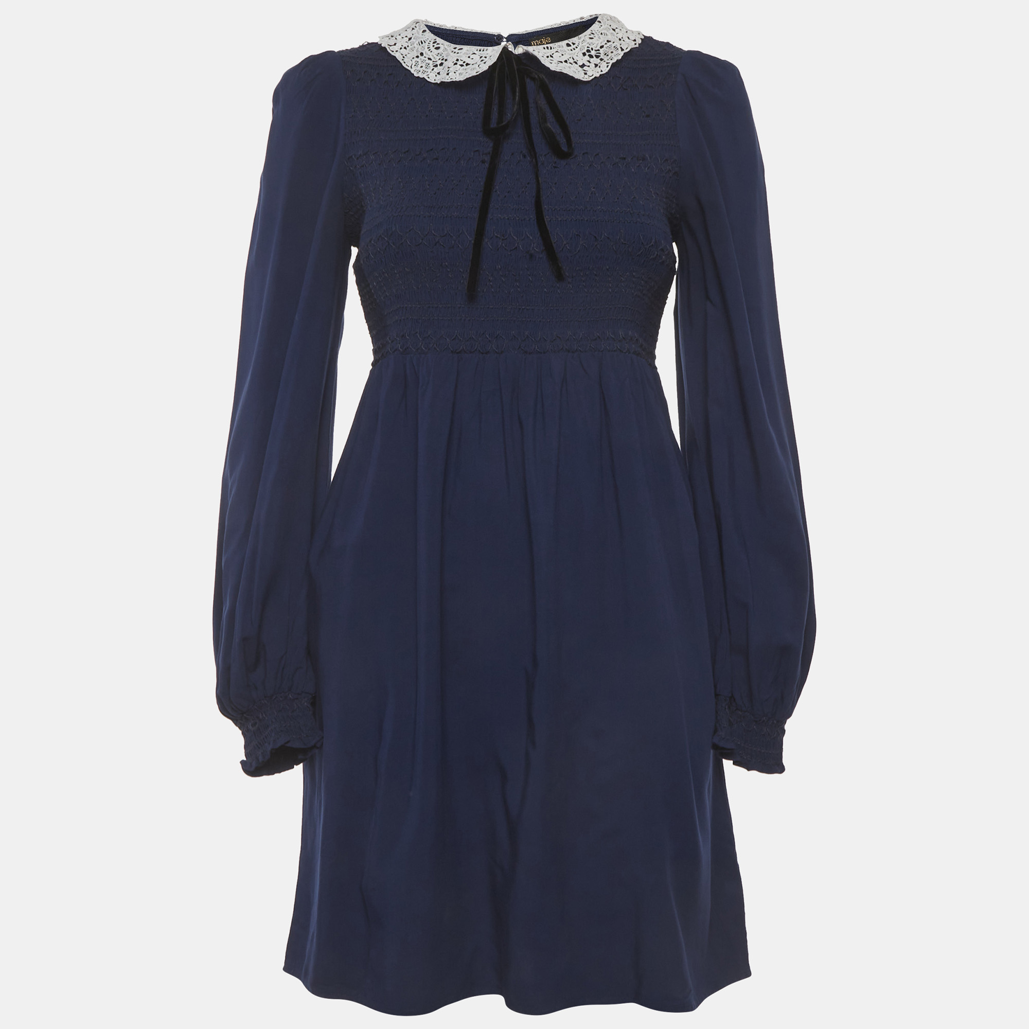

Maje Navy Blue Synthetic Smocked Guipure Collar Mini Dress M