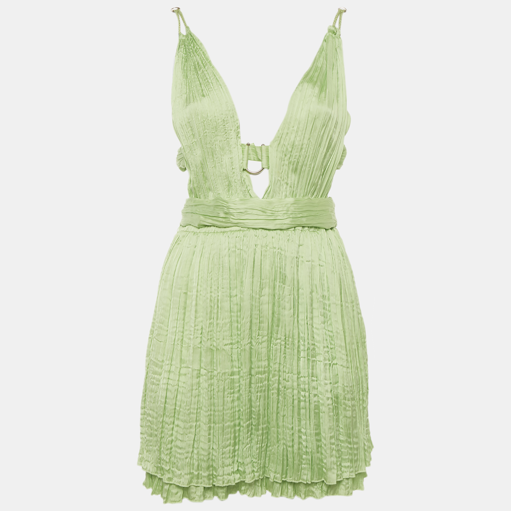 

Maje Lime Green Satin Plissé Plunge Neck Mini Dress S