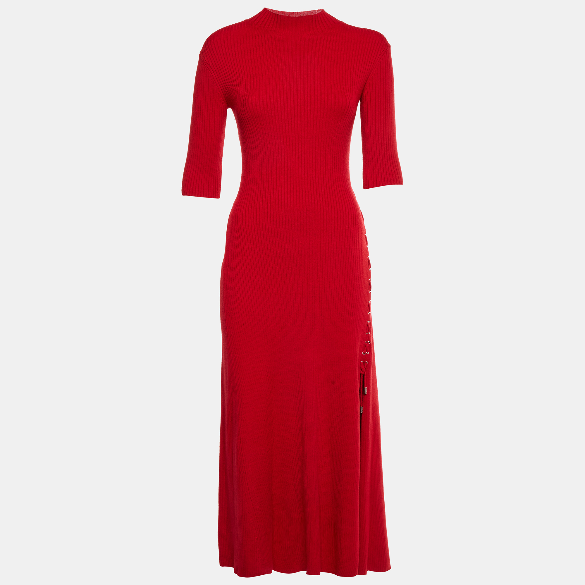 

Maje Red Rib Knit Lace Detail Midi Dress XS