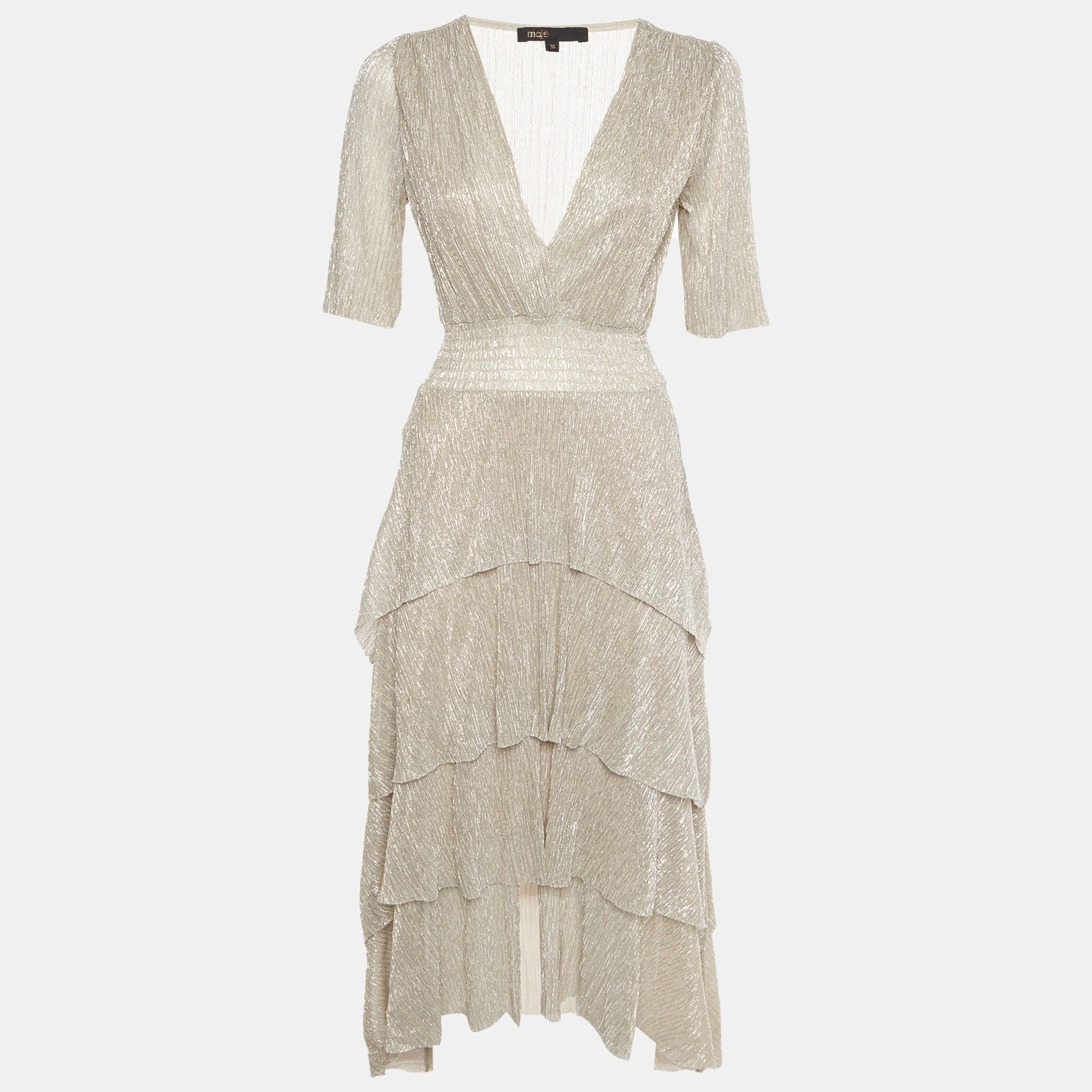 

Maje Gold Lamé Tiered Midi Dress S