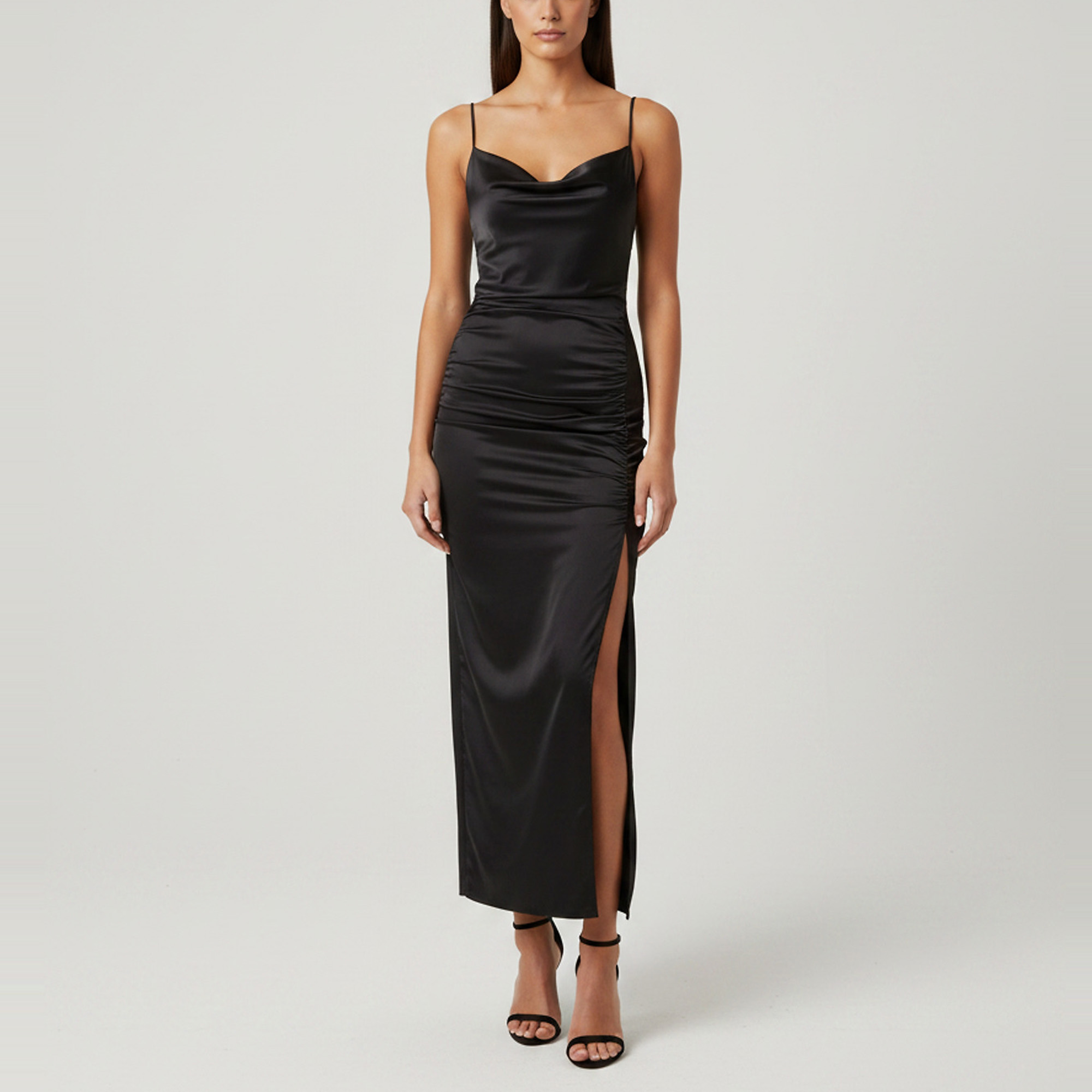 

Maje Black Satin Cowl Neck Draped Midi Dress XS