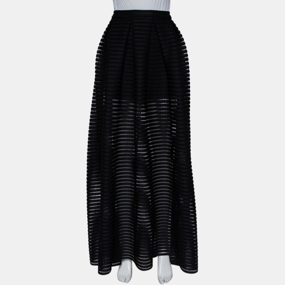 Pre-owned Maje Black Perforated Mesh Pleated Maxi Skirt S