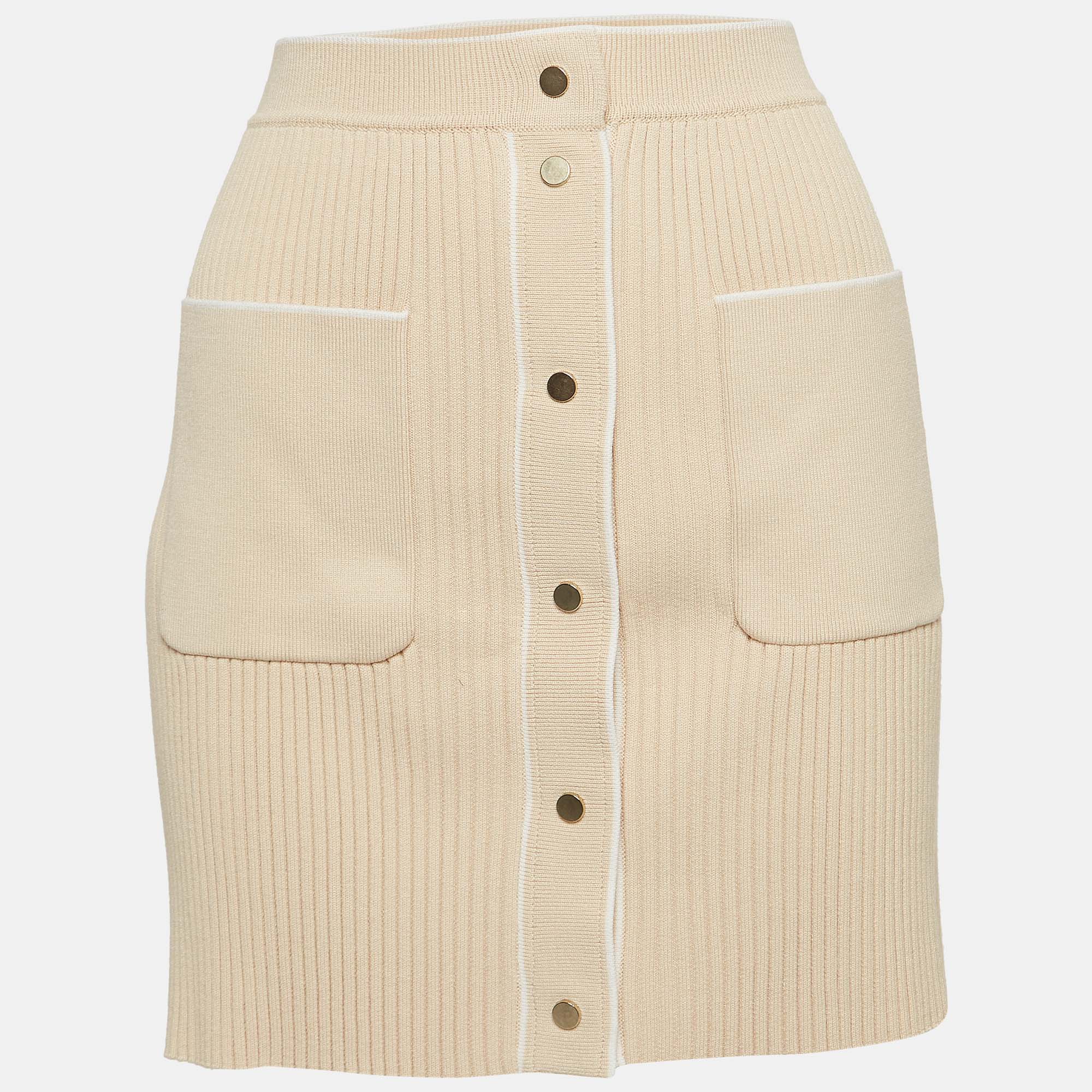 Pre-owned Maje Beige Ribbed Knit Buttoned Mini Skirt M