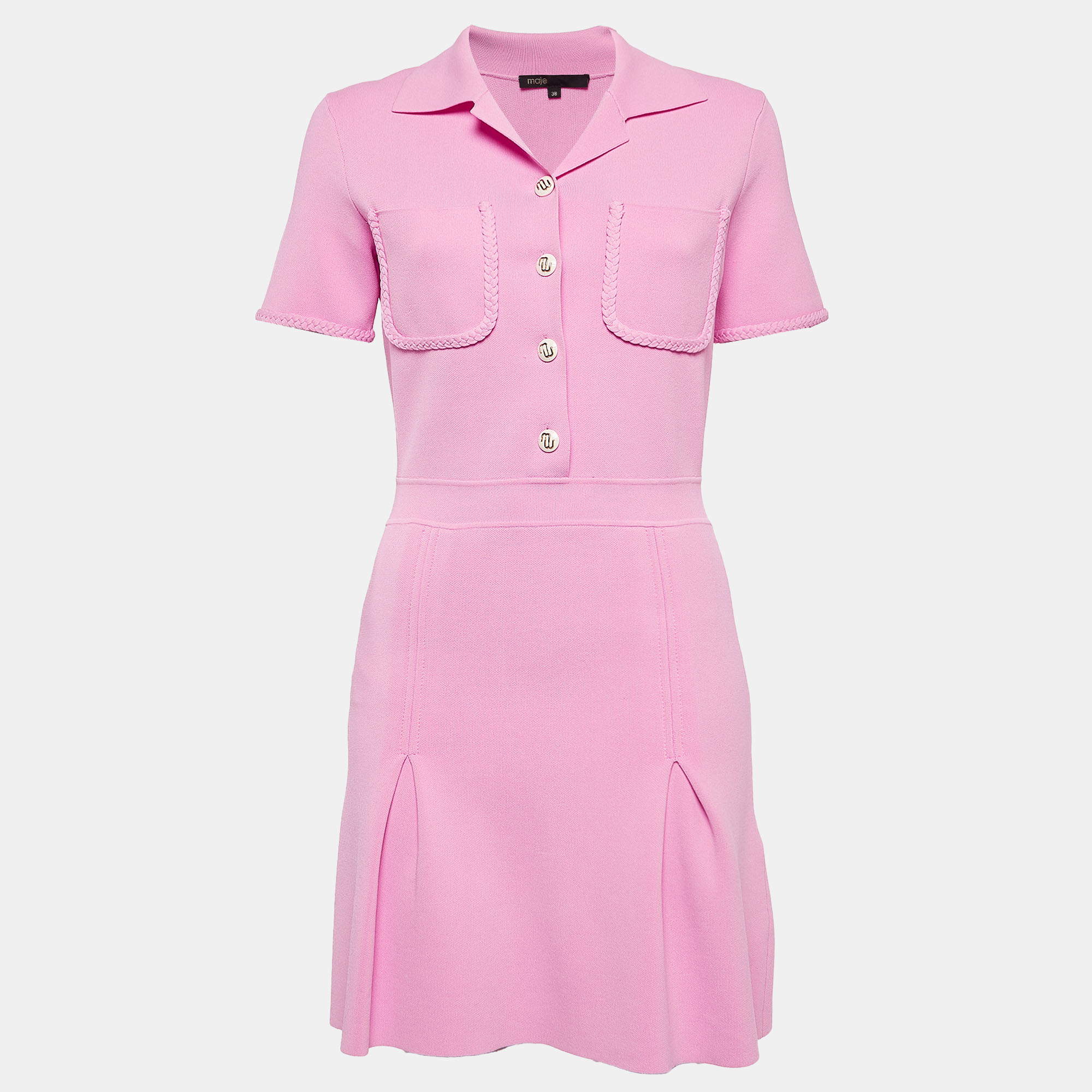 Pre-owned Maje Pink Knit Button-detail Pleated Mini Dress M