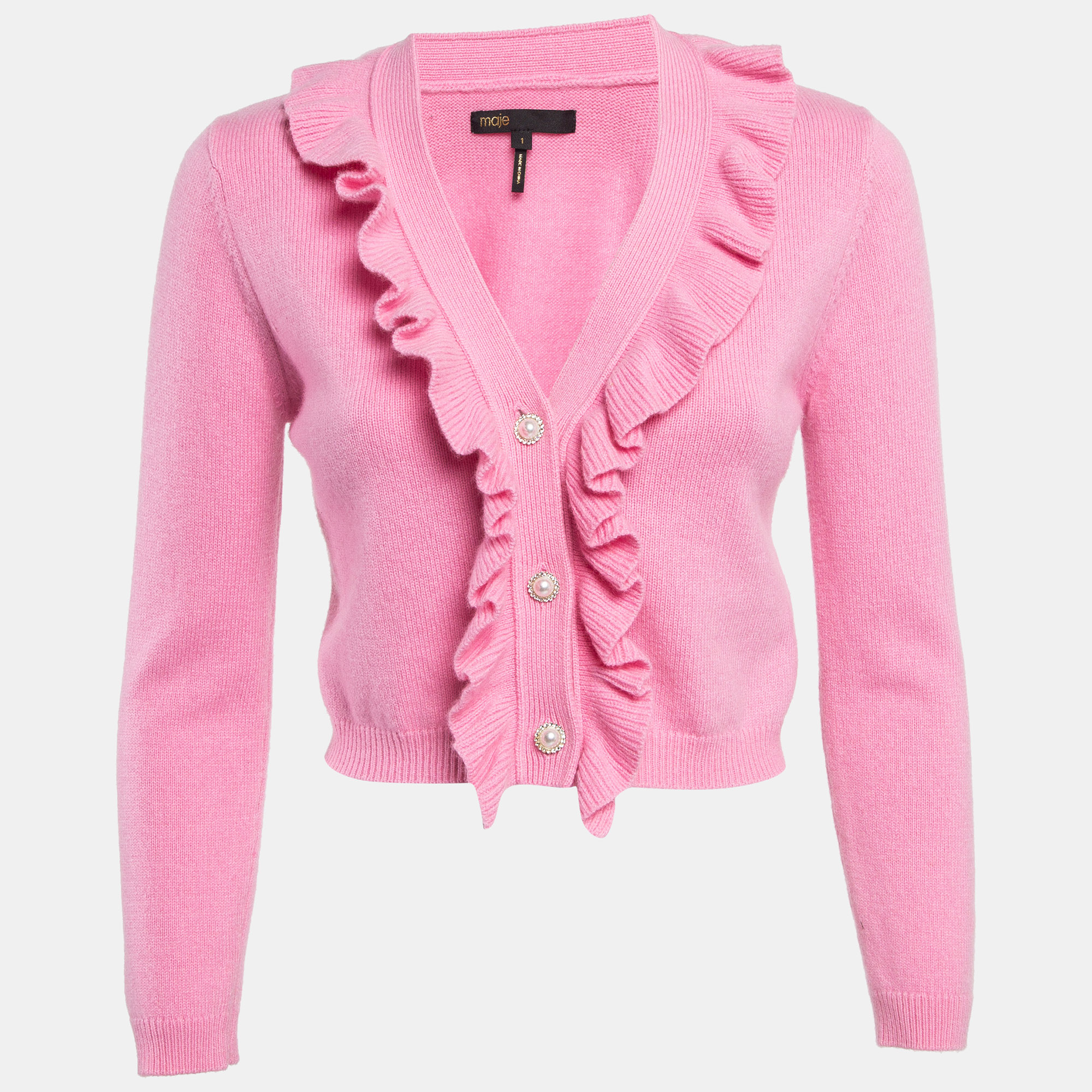 Pre-owned Maje Pink Rib Knit Molantti Frill Detail Cardigan S