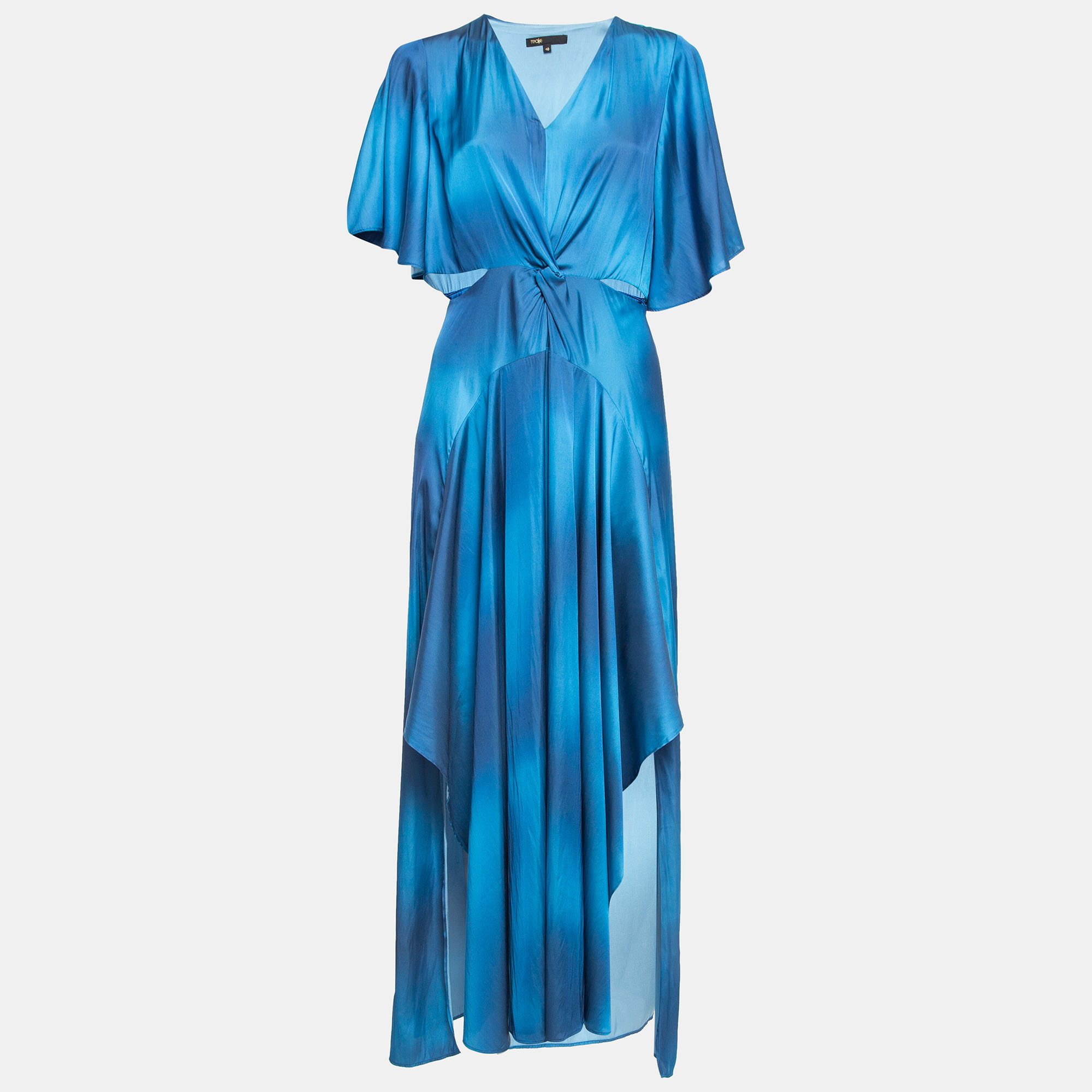 Pre-owned Maje Blue Ombre Satin Cut-out Asymmetric Midi Dress L