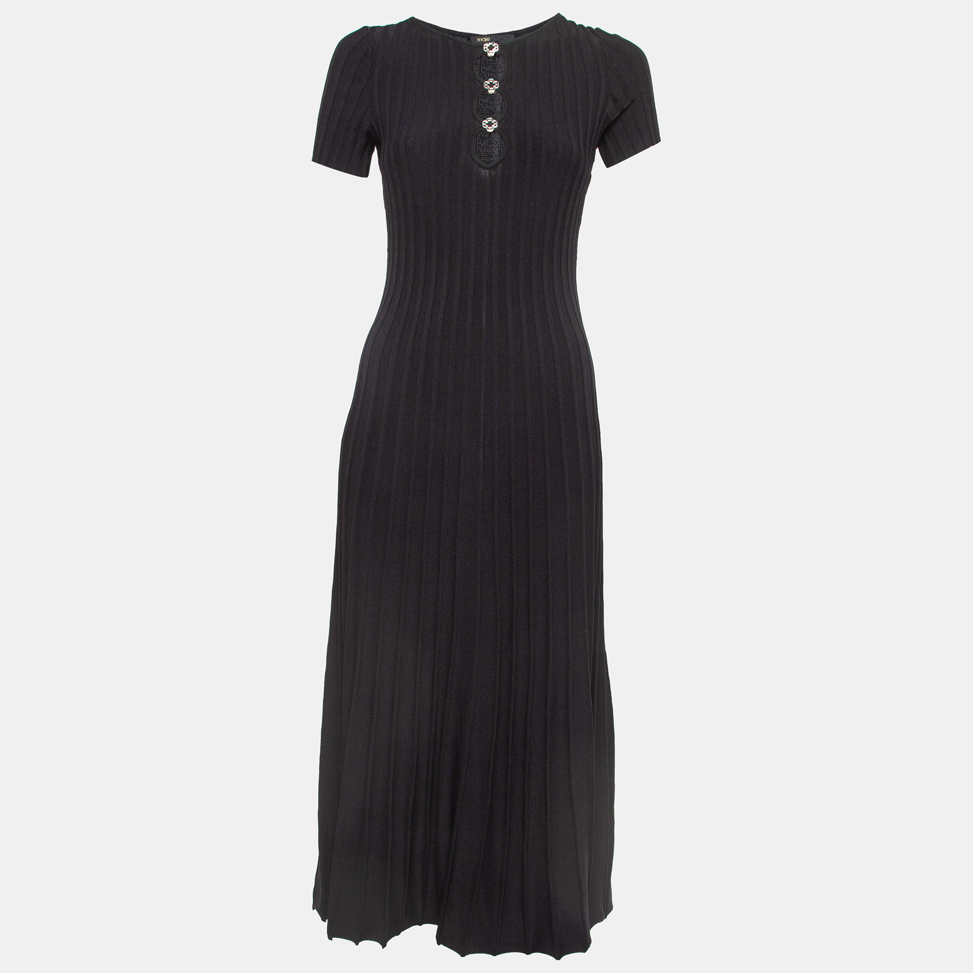

Maje Black Pleated Knit Cut-Out Detail Midi Dress