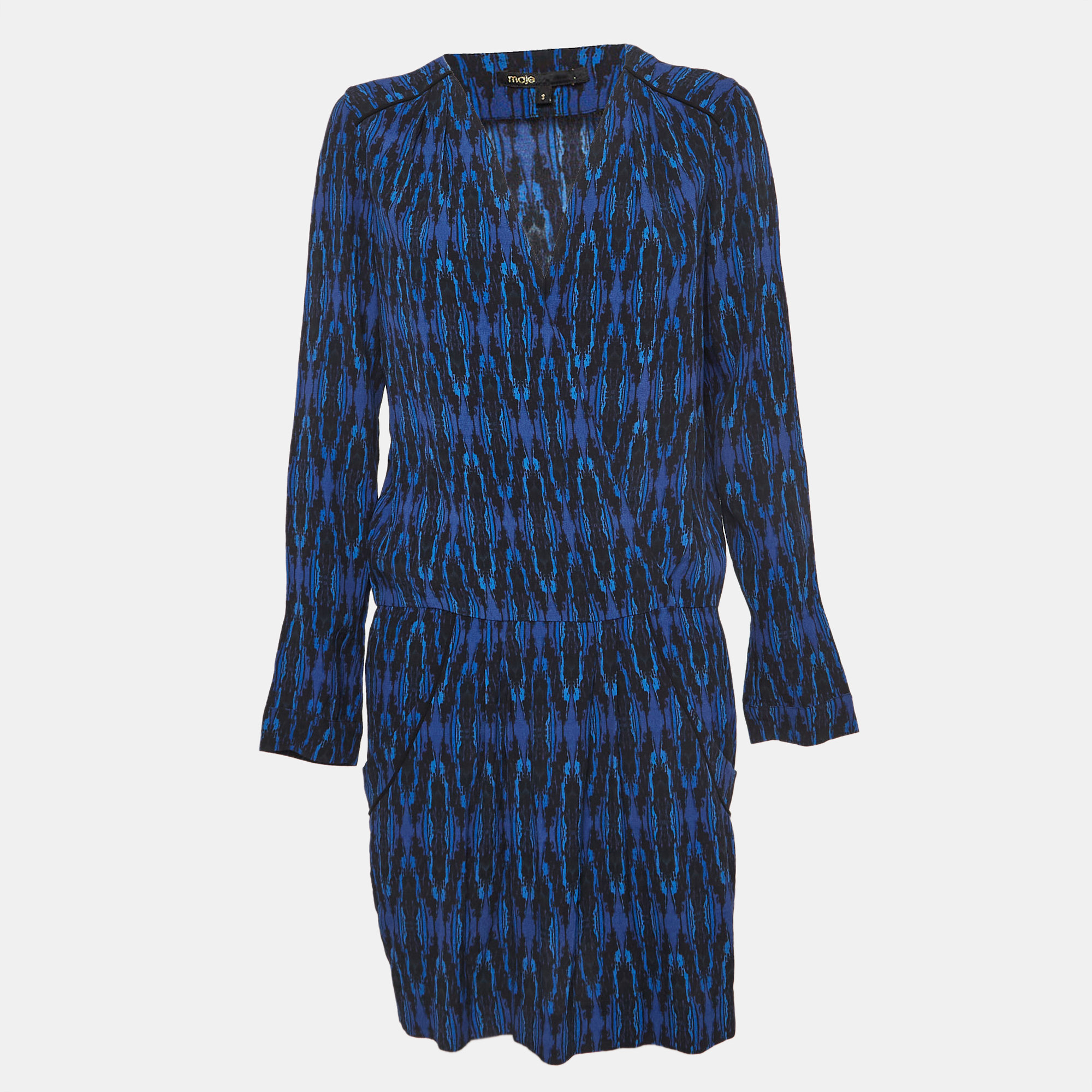 Pre-owned Maje Blue Printed Crepe Long Sleeve Mini Dress L