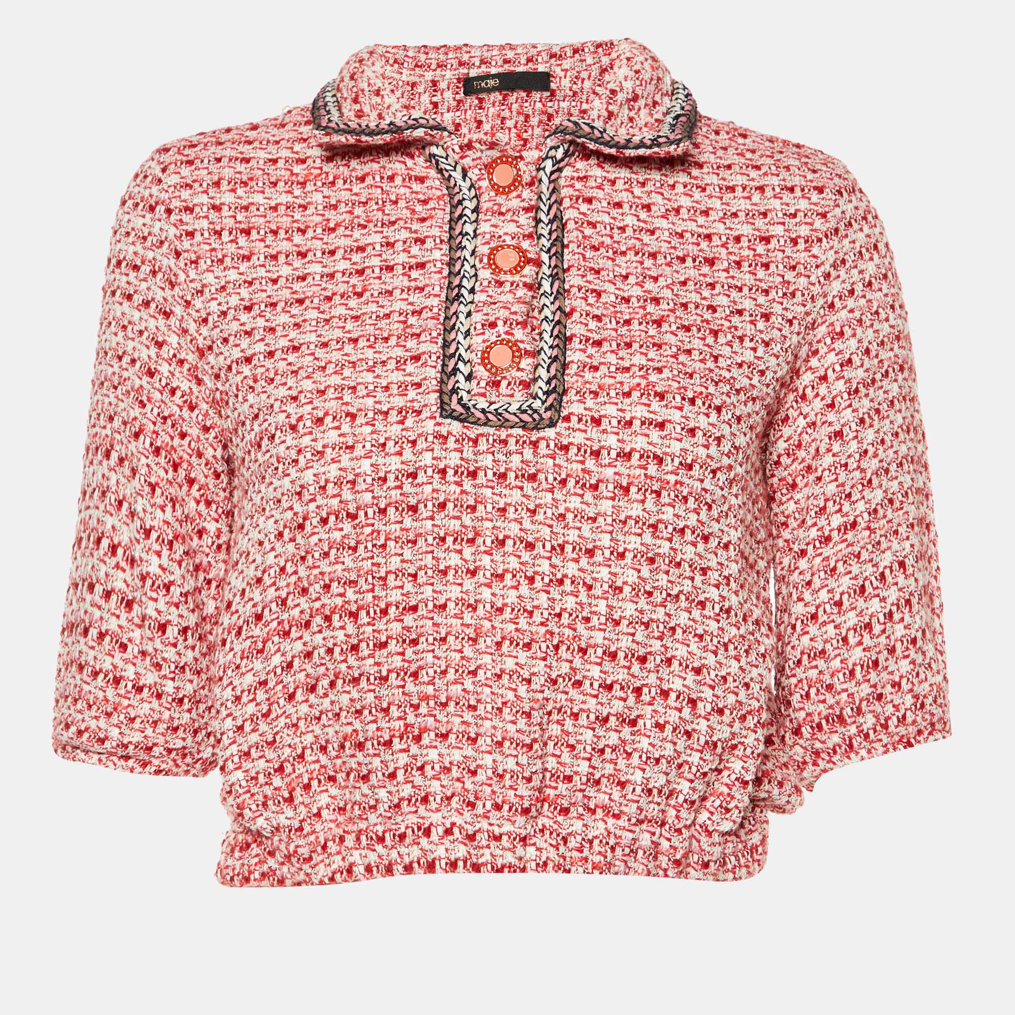 

Maje Red Tweed Polo Cropped Shirt