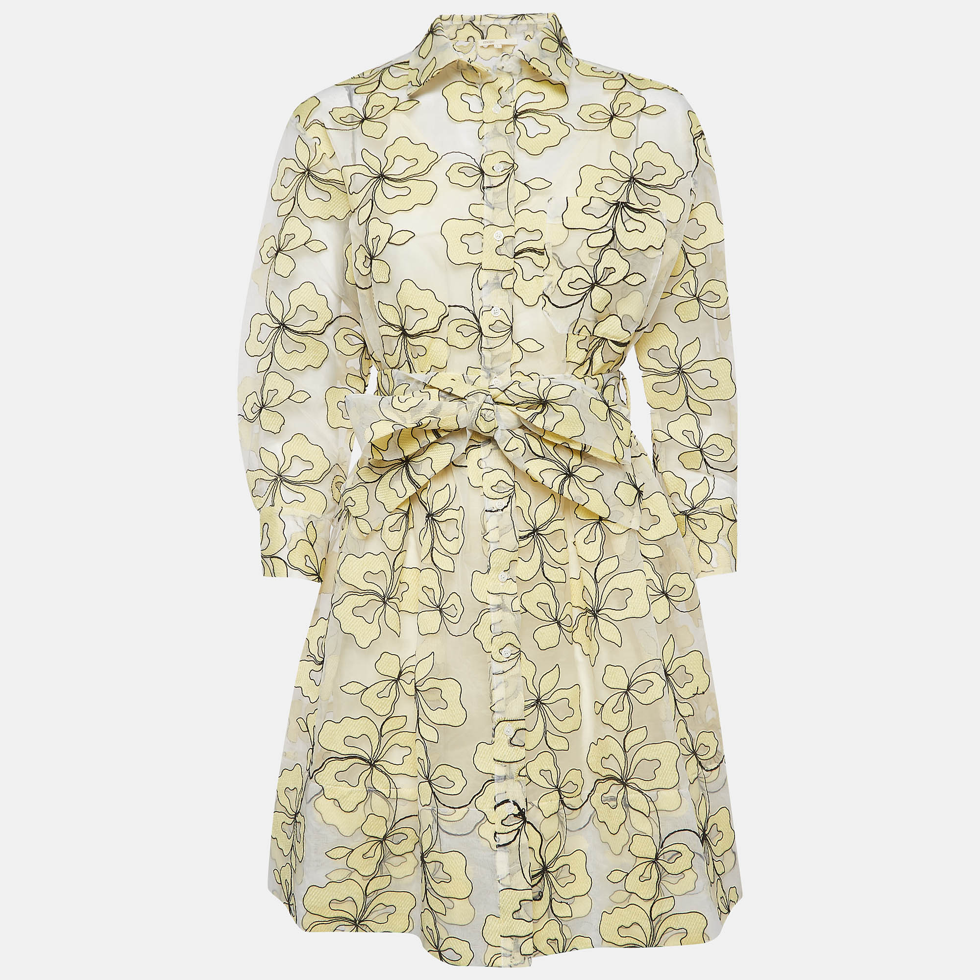 

Maje Yellow Reality Floral Embroidered Organza Shirt Dress S