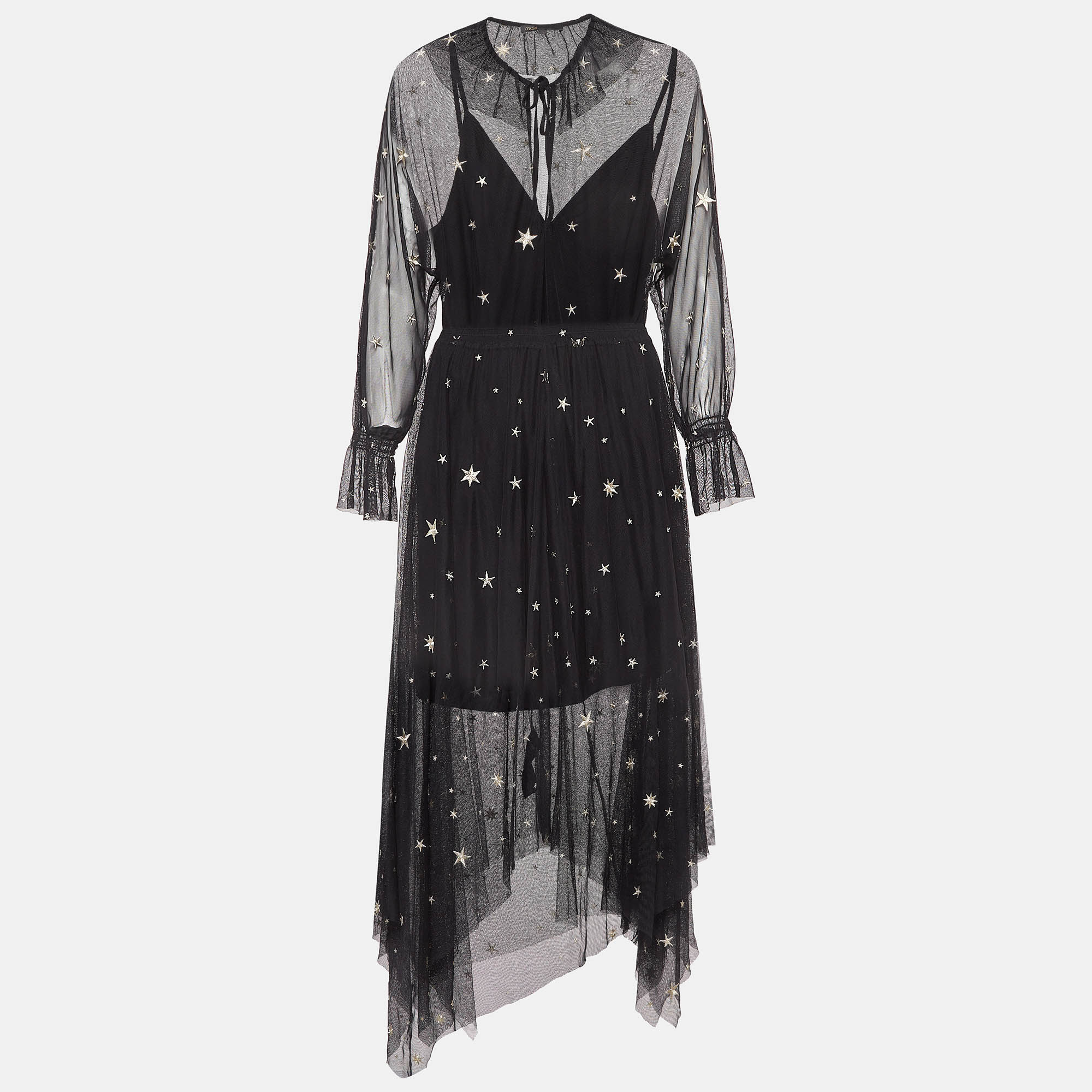 

Maje Black Start Embroidered Mesh Asymmetric Midi Dress