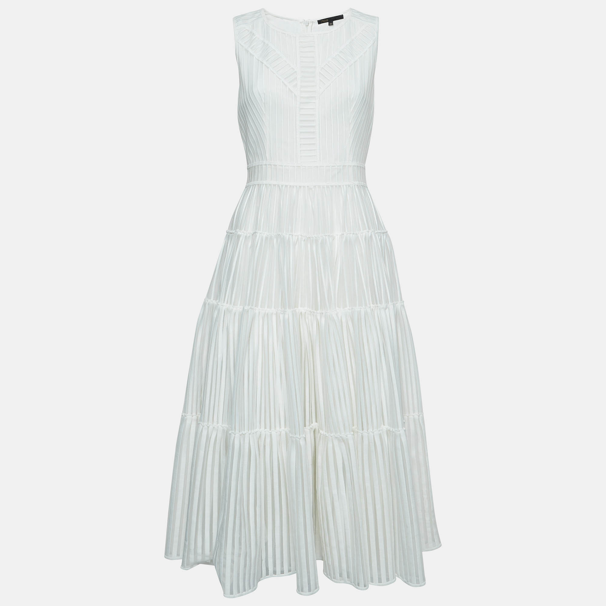 

Maje White Stripe Jacquard Raya Tiered Midi Dress