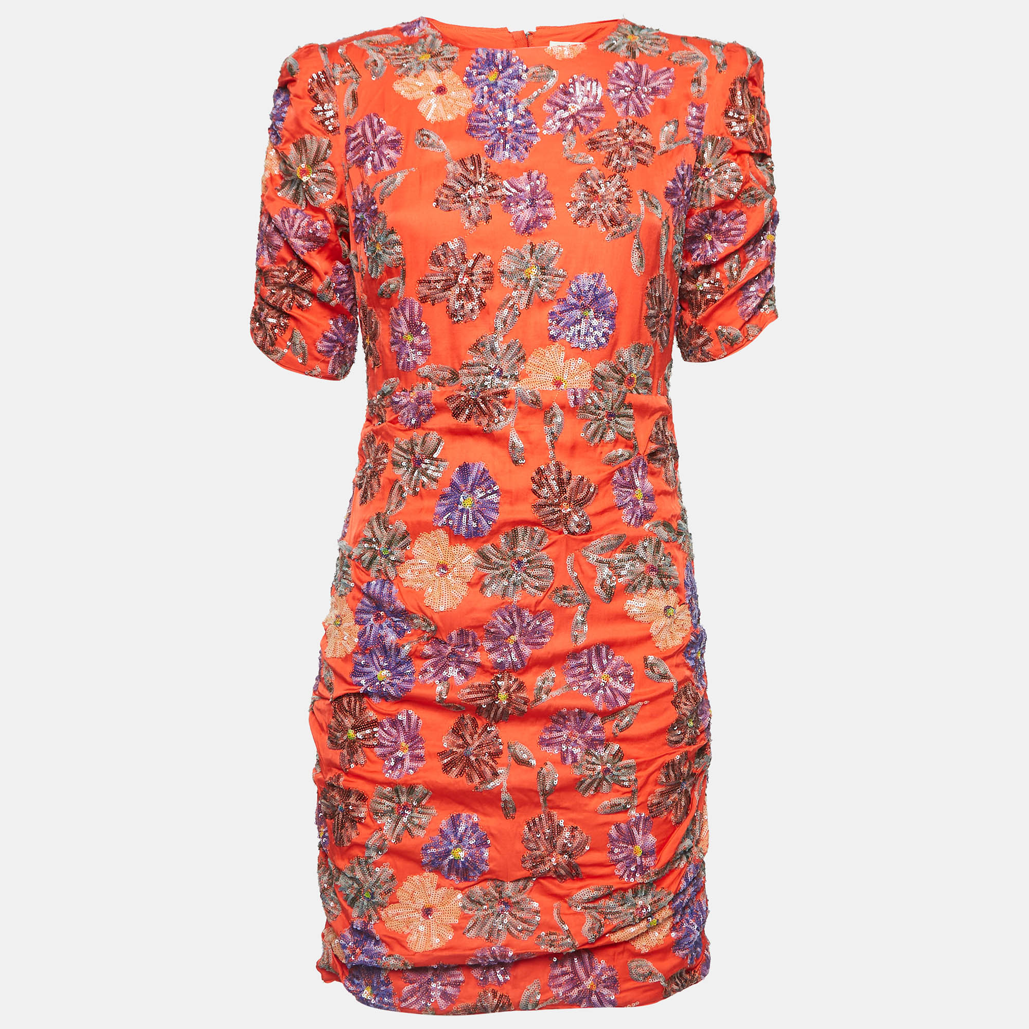 Pre-owned Maje Orange Floral Sequined Crepe Ruched Mini Dress M