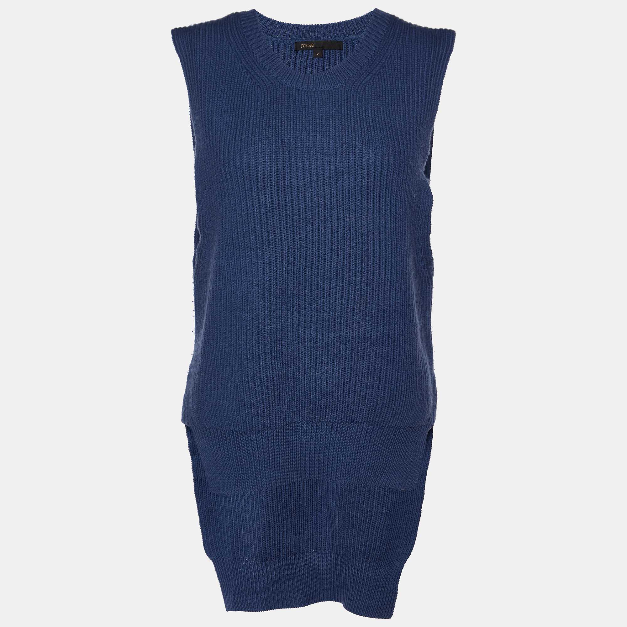 Pre-owned Maje Blue Wool Knit High-low Sleeveless Sweater Top M