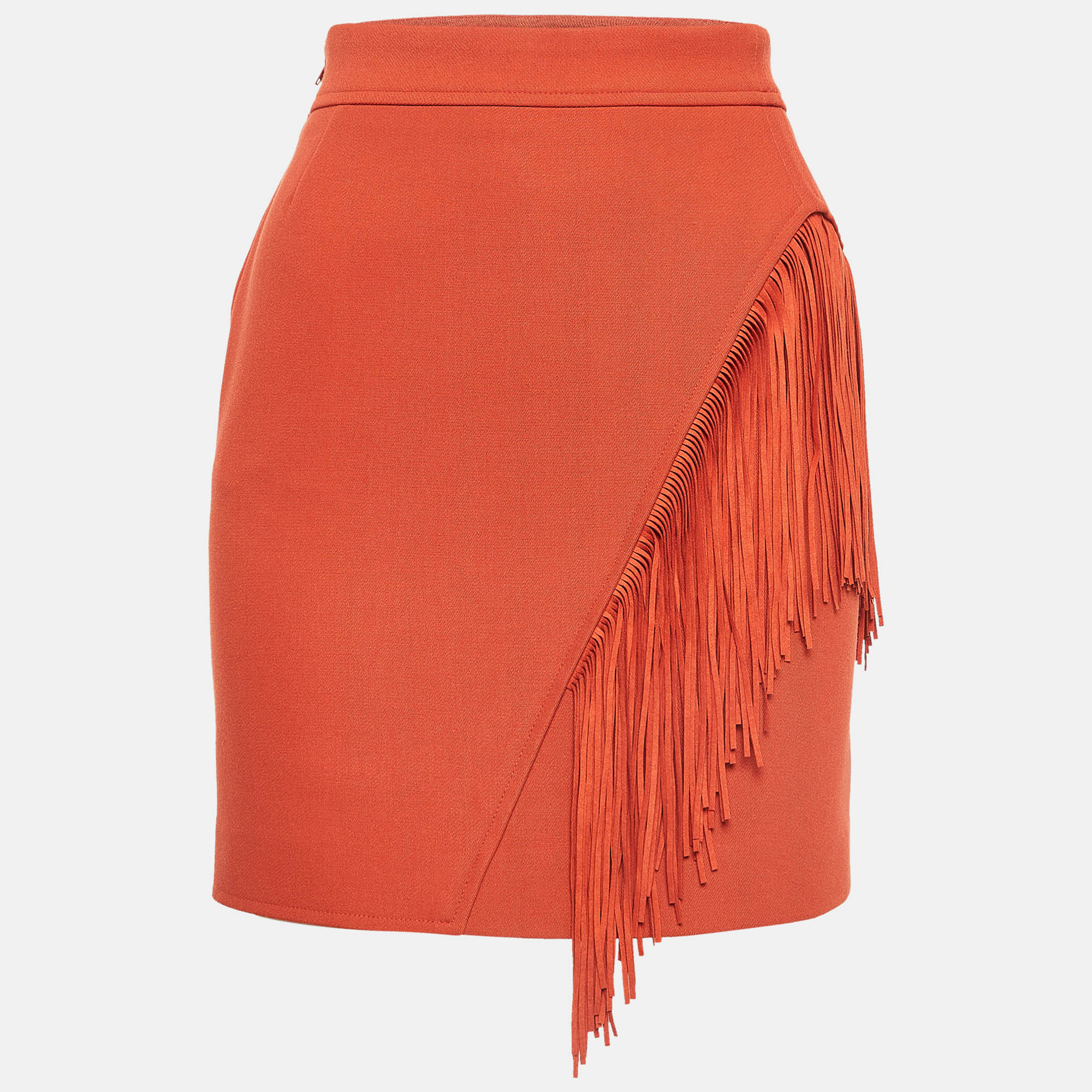 Pre-owned Maje Orange Crepe Fringe Detail Mini Skirt S