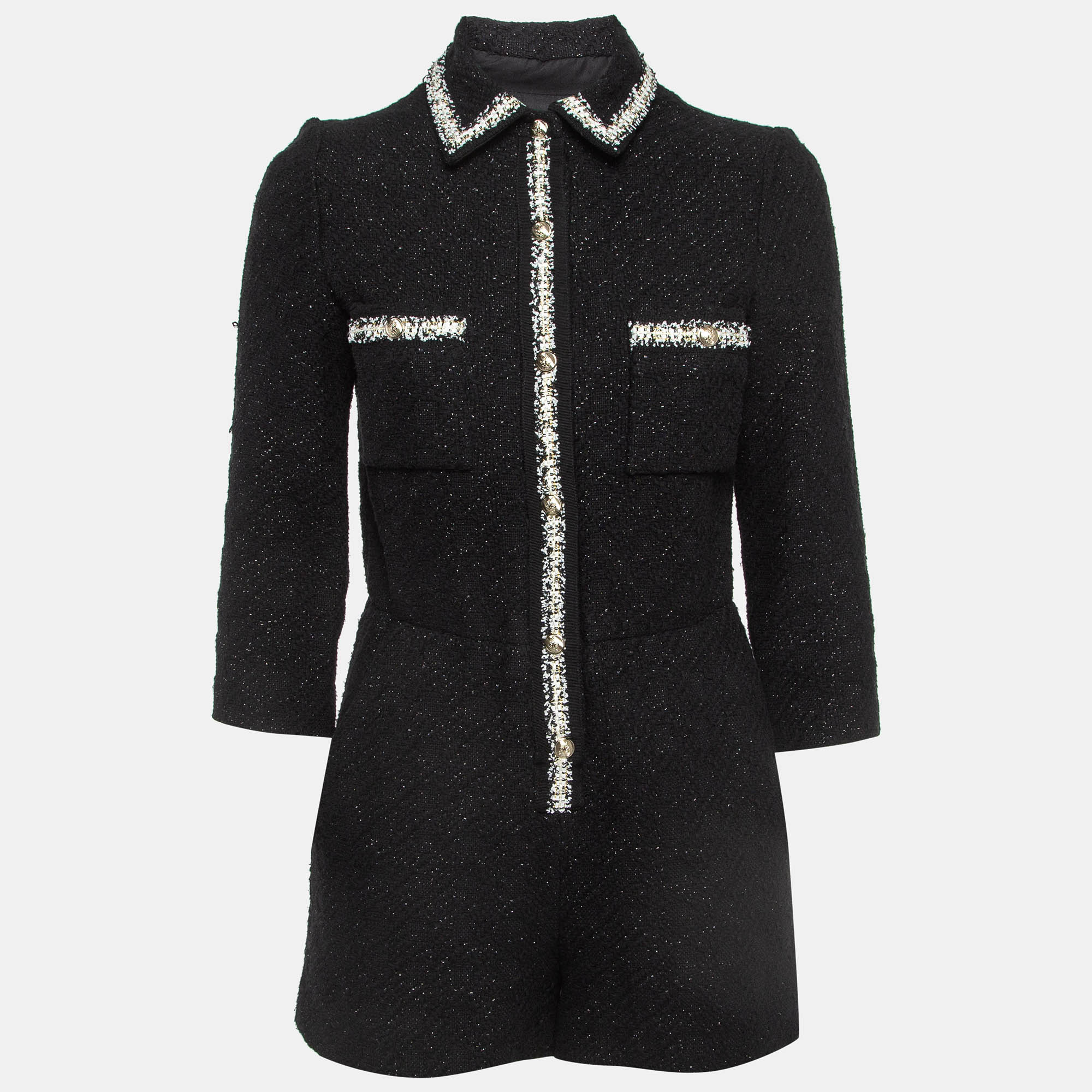 Pre-owned Maje Black Tweed Button Detailed Playsuit S