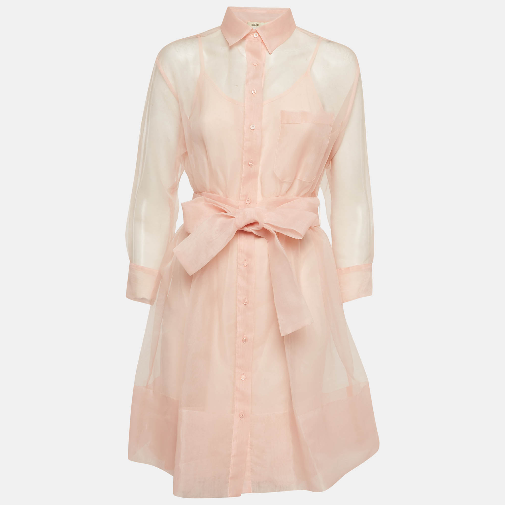 

Maje Pink Organza Belted Mini Shirt Dress M