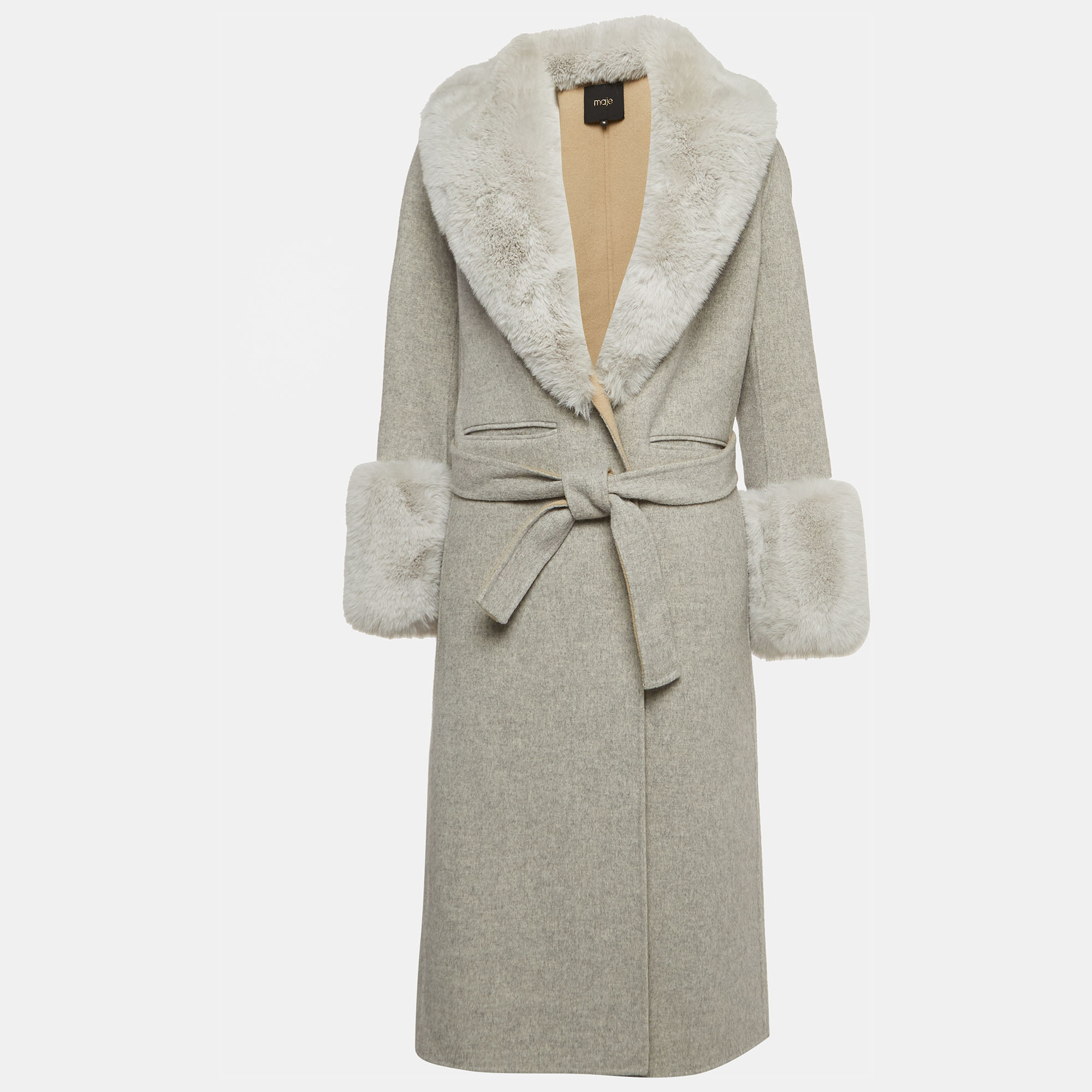 

Maje Grey Wool Blend Fur Detailed Long Coat S