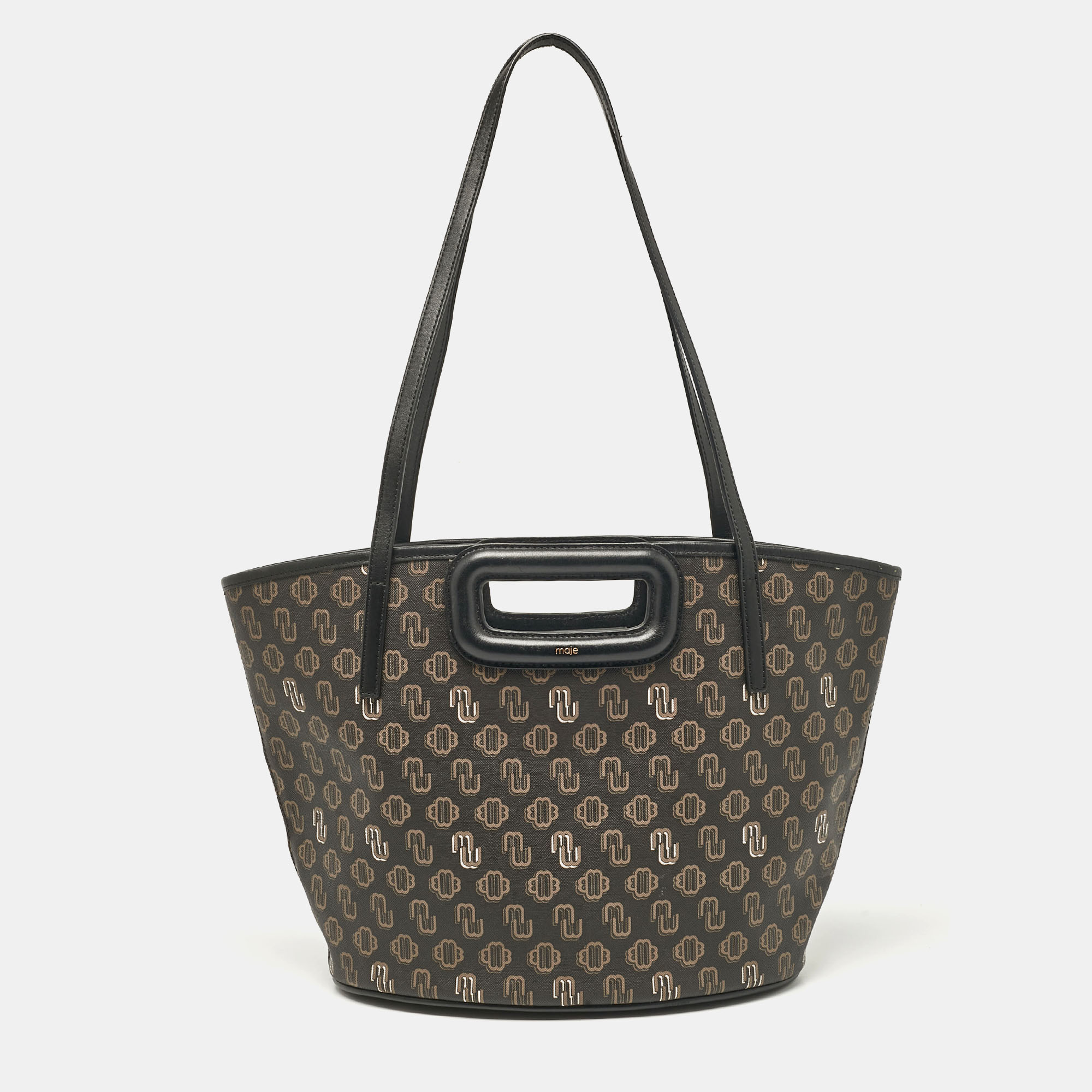 Pre-owned Maje Black Monogram Print Coated Canvas And Leather Clover Tote