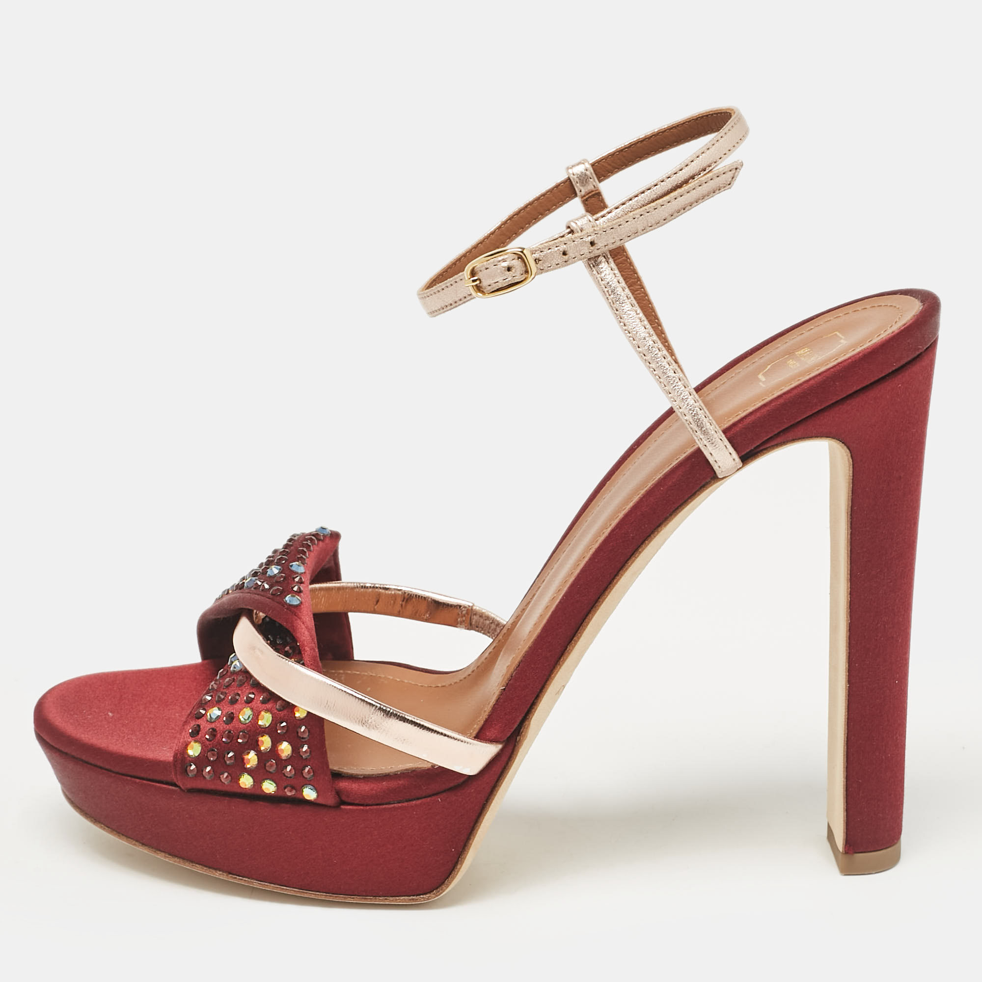 

Malone Souliers Burgundy/Pink Satin and Leather Leather Lauren Crystals Sandals Size