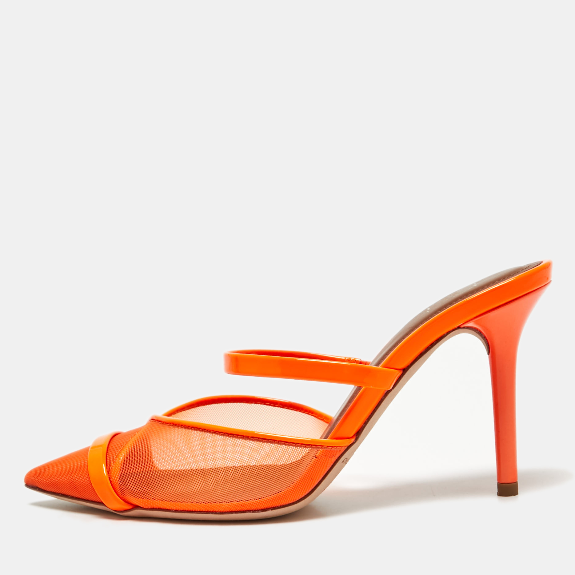 

Malone Souliers Orange Mesh and Patent Leather Clio Mules Size