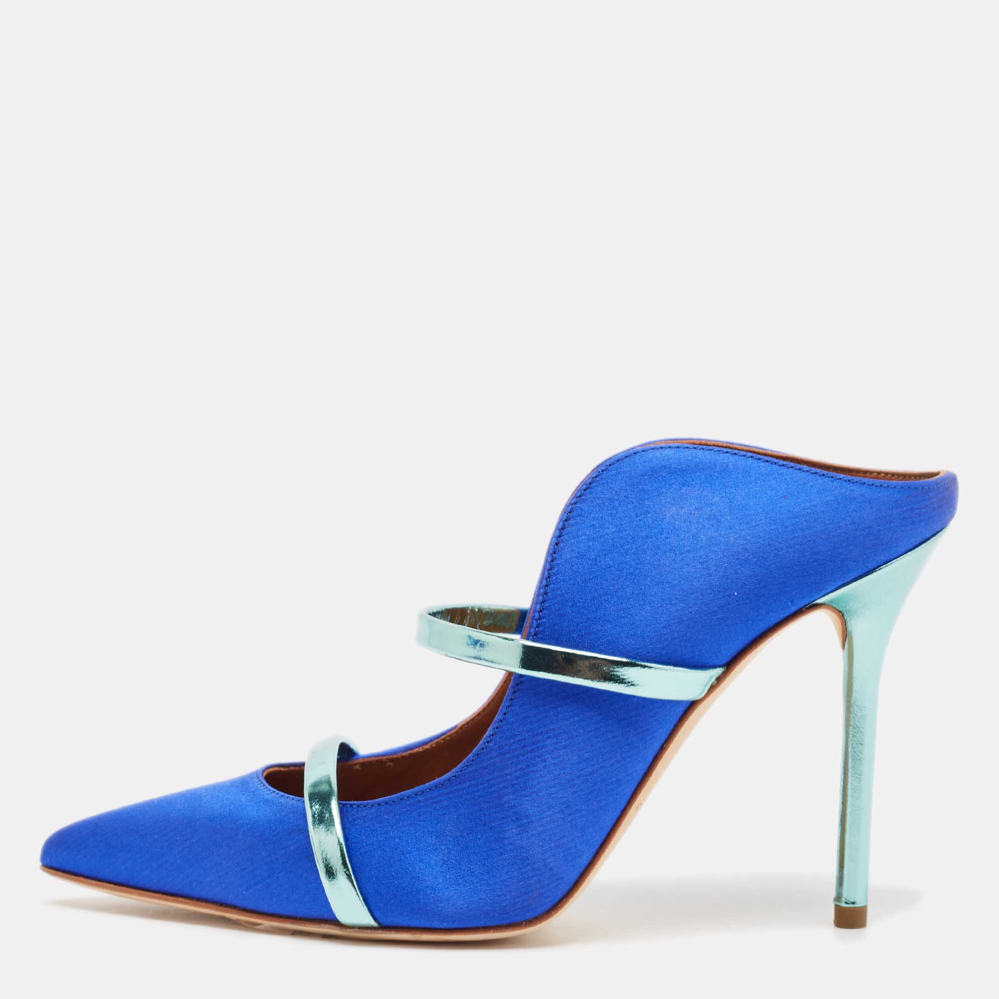 

Malone Souliers Blue Leather and Satin Maureen Mules Size