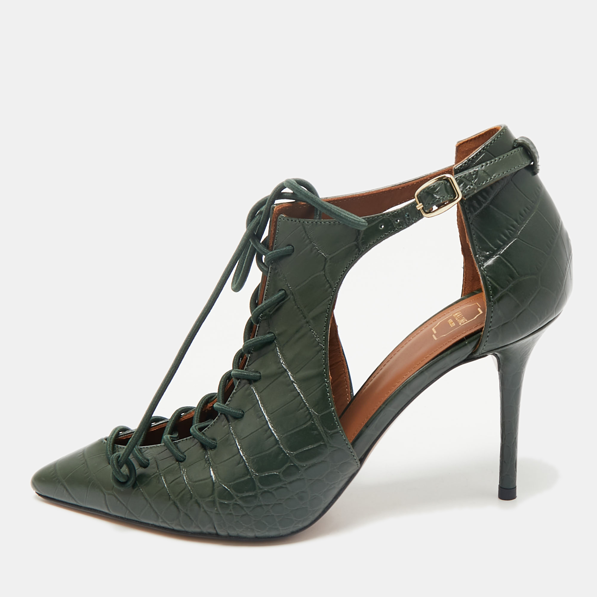 

Malone Souliers Green Croc Embossed Leather Montana Pumps Size