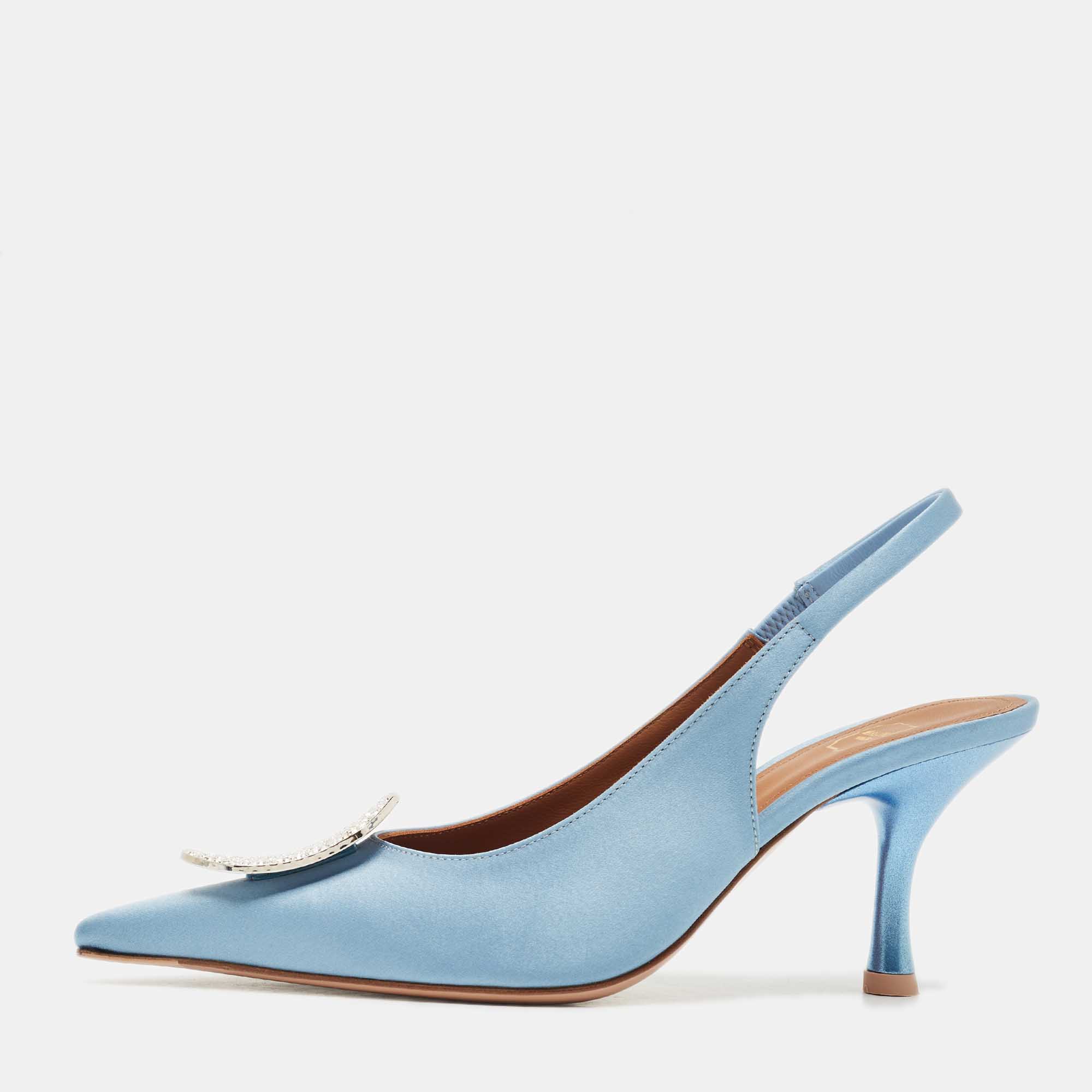 

Malone Souliers Light Blue Satin Vilma Crystals Slingback Pumps Size