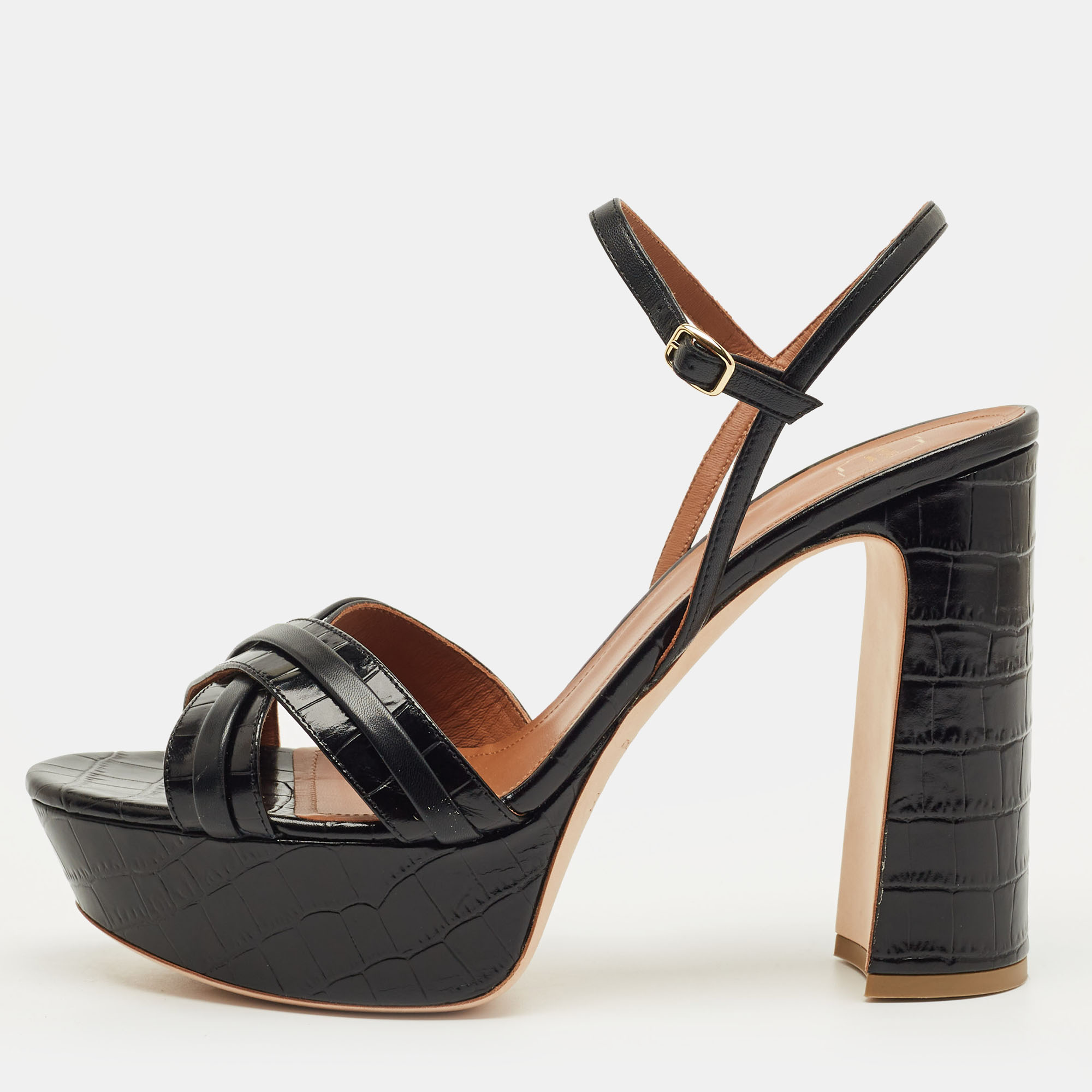 Pre-owned Malone Souliers Black Croc Embossed Leather Mila Platform Sandals Size 42