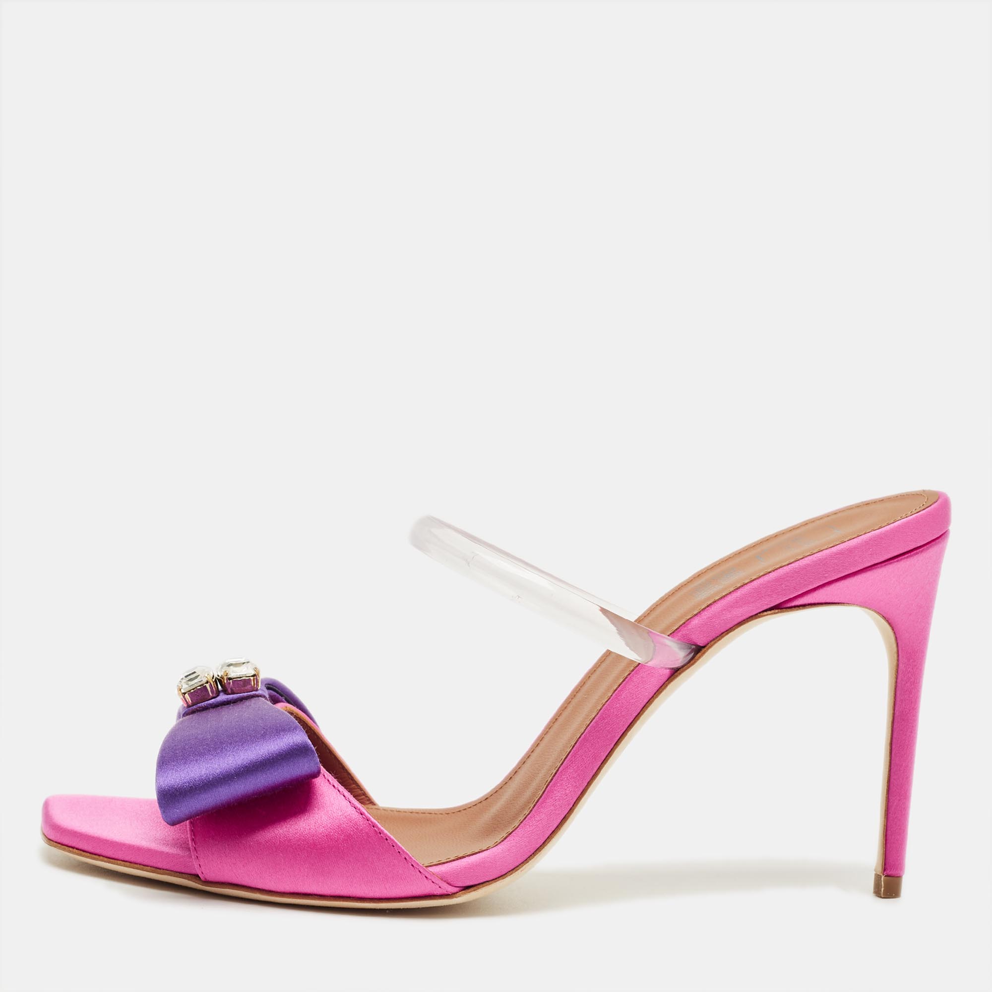 Pre-owned Malone Souliers Pink/purple Satin Emily Bow Slide Sandals Size 38