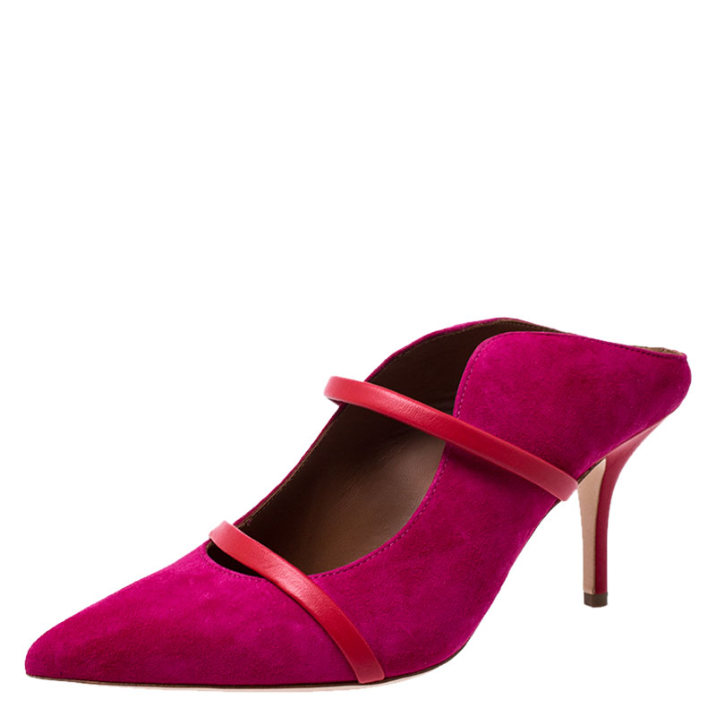 مملوكة مسبقًا Malone Souliers Pink/Red Suede And Leather Maureen Pointed Toe Mules Size 37.5
