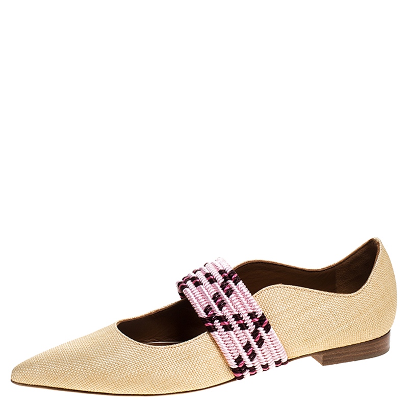 Pre Owned Malone Souliers Beige Raffia And Braided Elastic Martina Luwolt Pointed Toe Ballet Flats Size 37