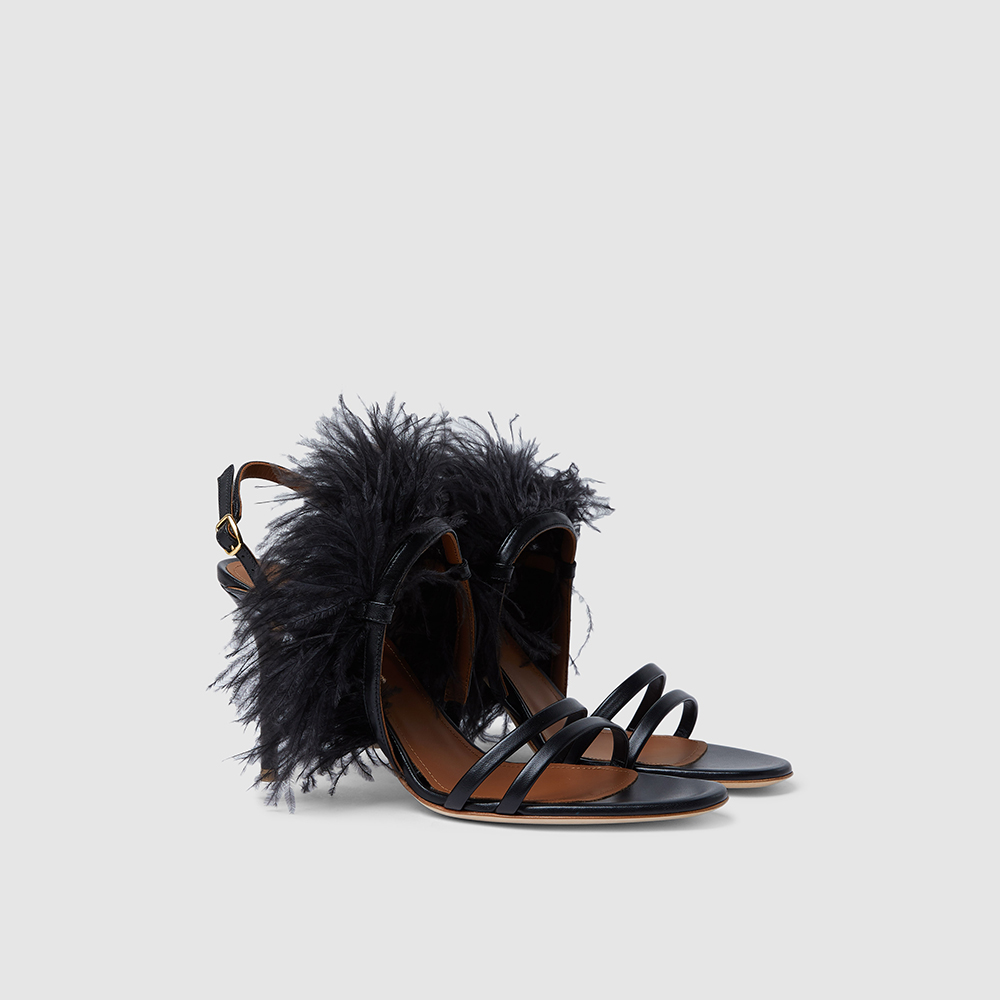 

Malone Souliers Black Feather-Trimmed Leather Sandals Size IT