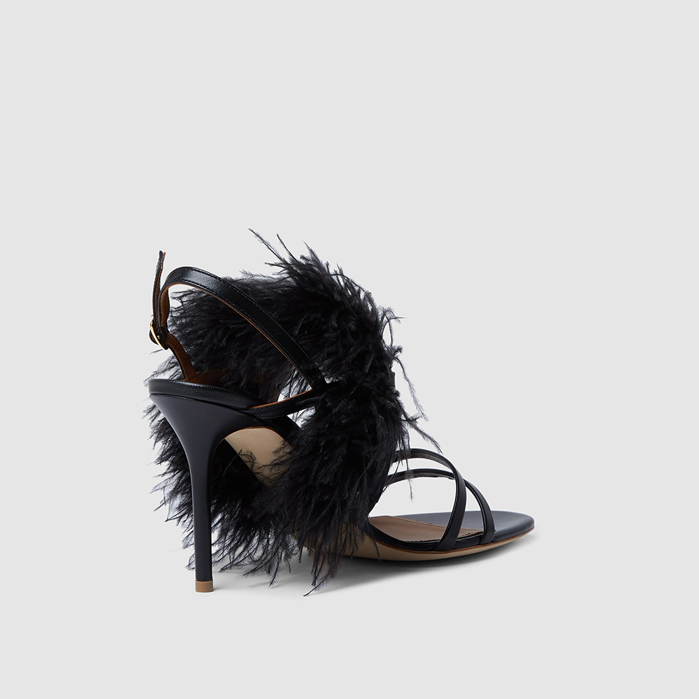 

Malone Souliers Black Feather-Trimmed Leather Sandals Size IT