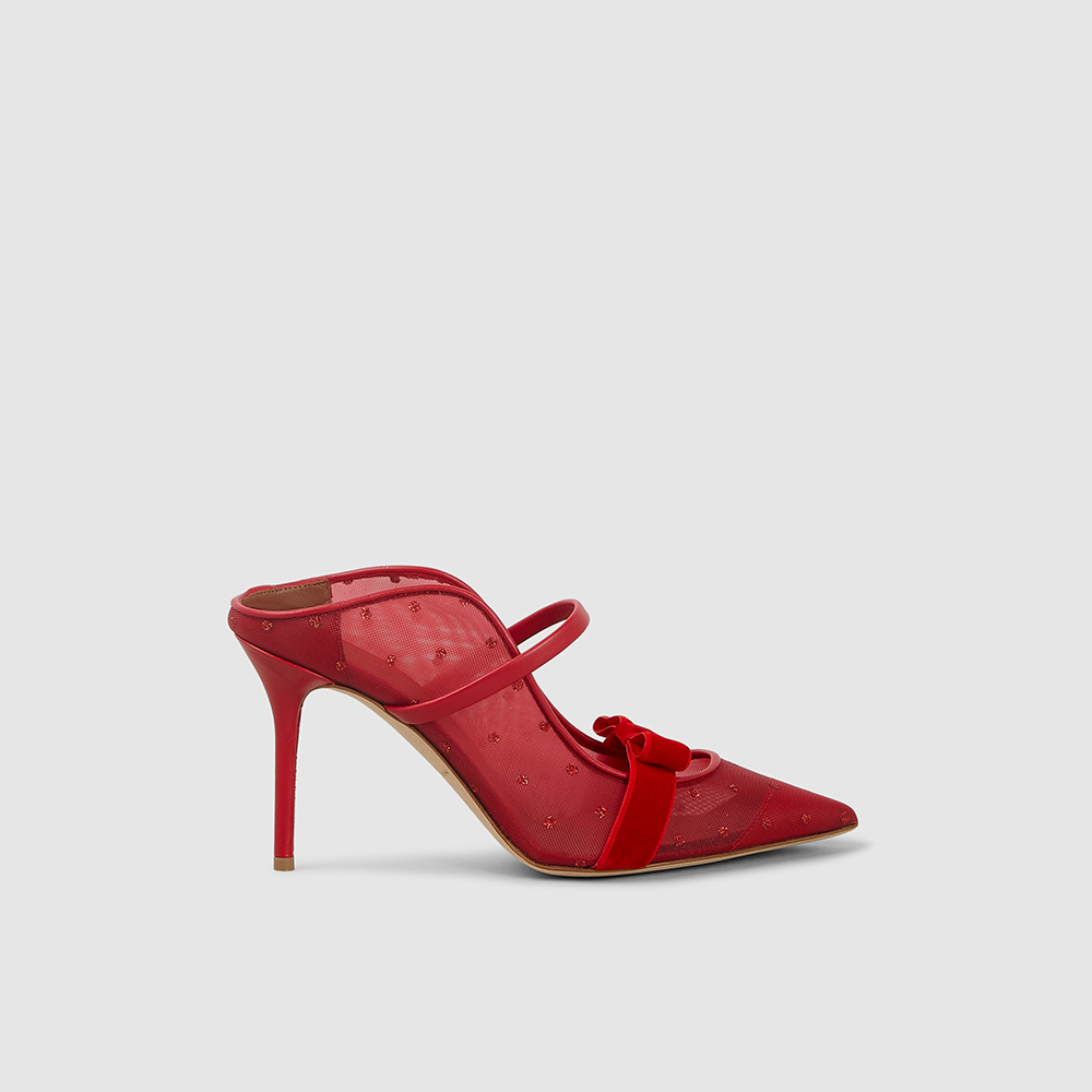 Pre Owned Malone Souliers Red Marguerite Maureen Velvet Bow Polka Dot Mesh Mules Size IT 42