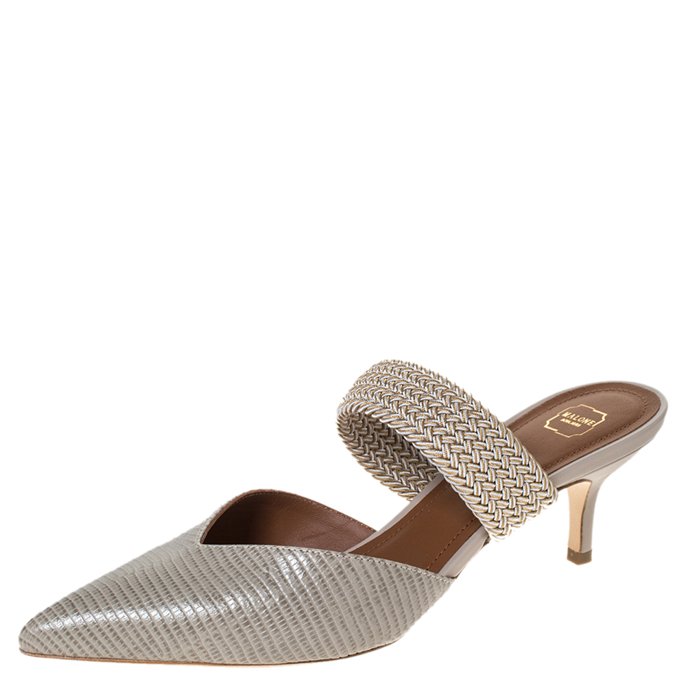 Pre Owned Malone Souliers Grey Lizard Leather Maisie Mule Sandals Size 39.5
