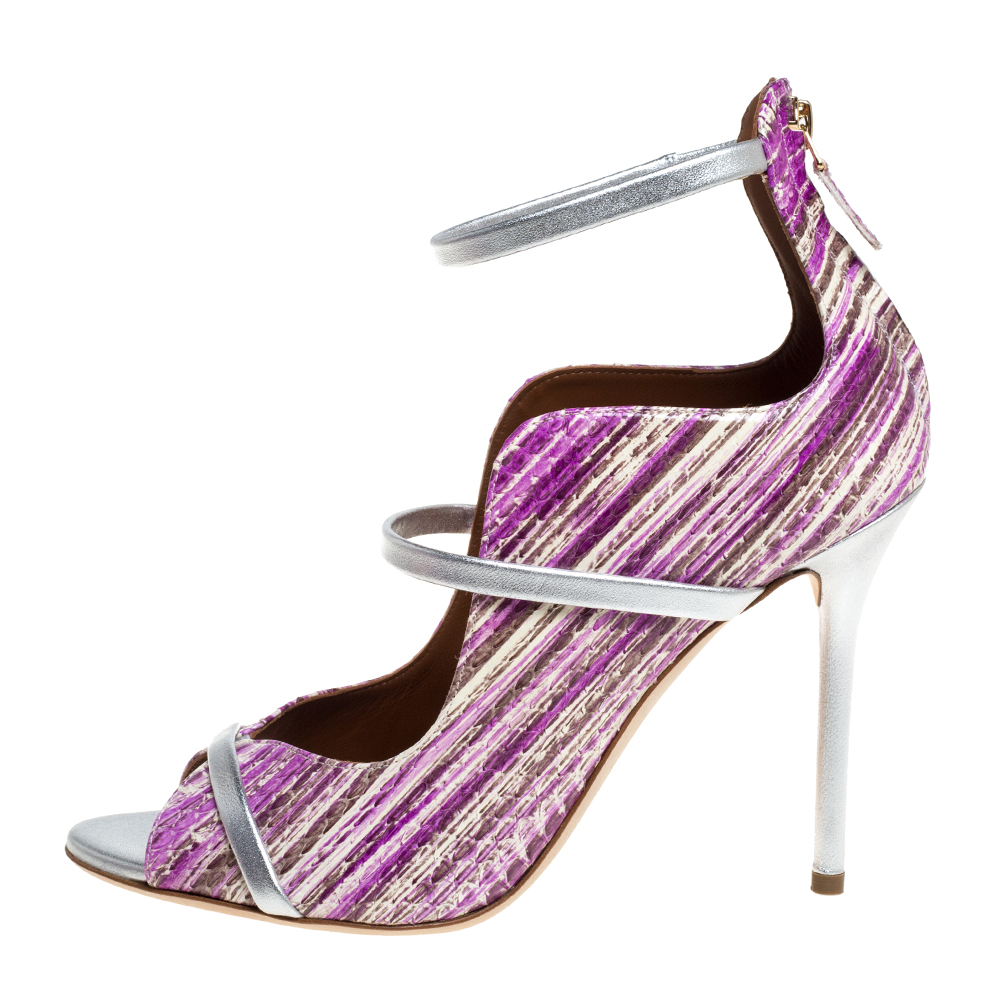 

Malone Souliers Violet Python Embossed Leather Mika Triple Band Peep Toe Sandals Size, Purple