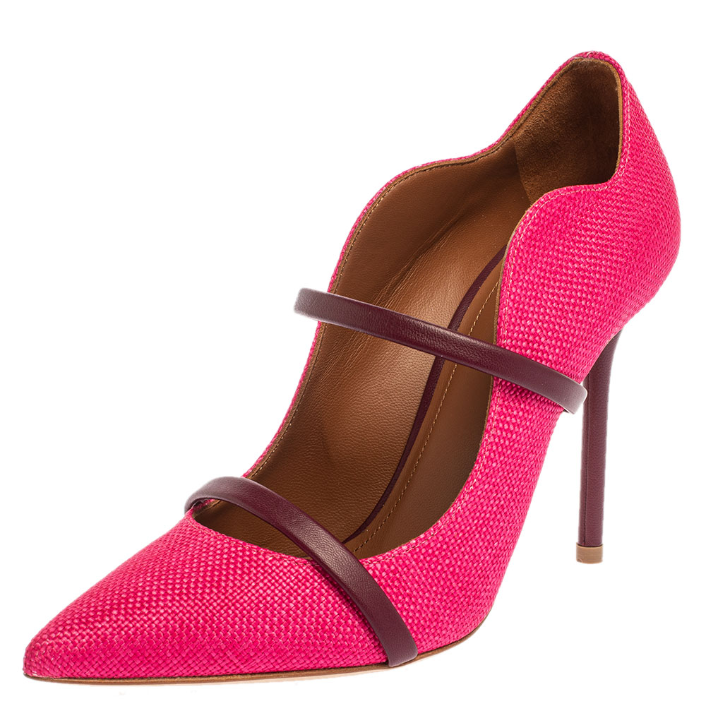 Malone Souliers Pink Raffia Maureen Pointed Toe Pumps Size 35