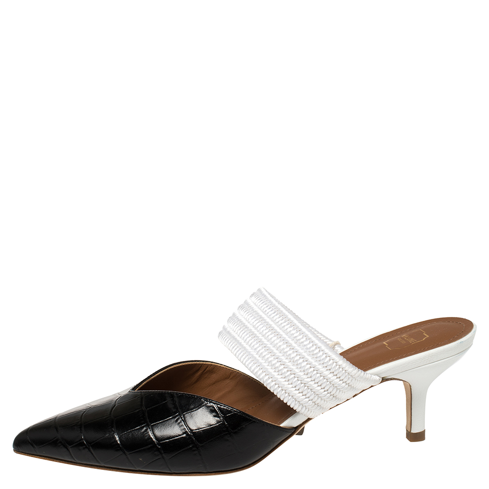 

Malone Souliers Black/White Croc Embossed Leather and Cord Maisie Pointed Toe Mules Size