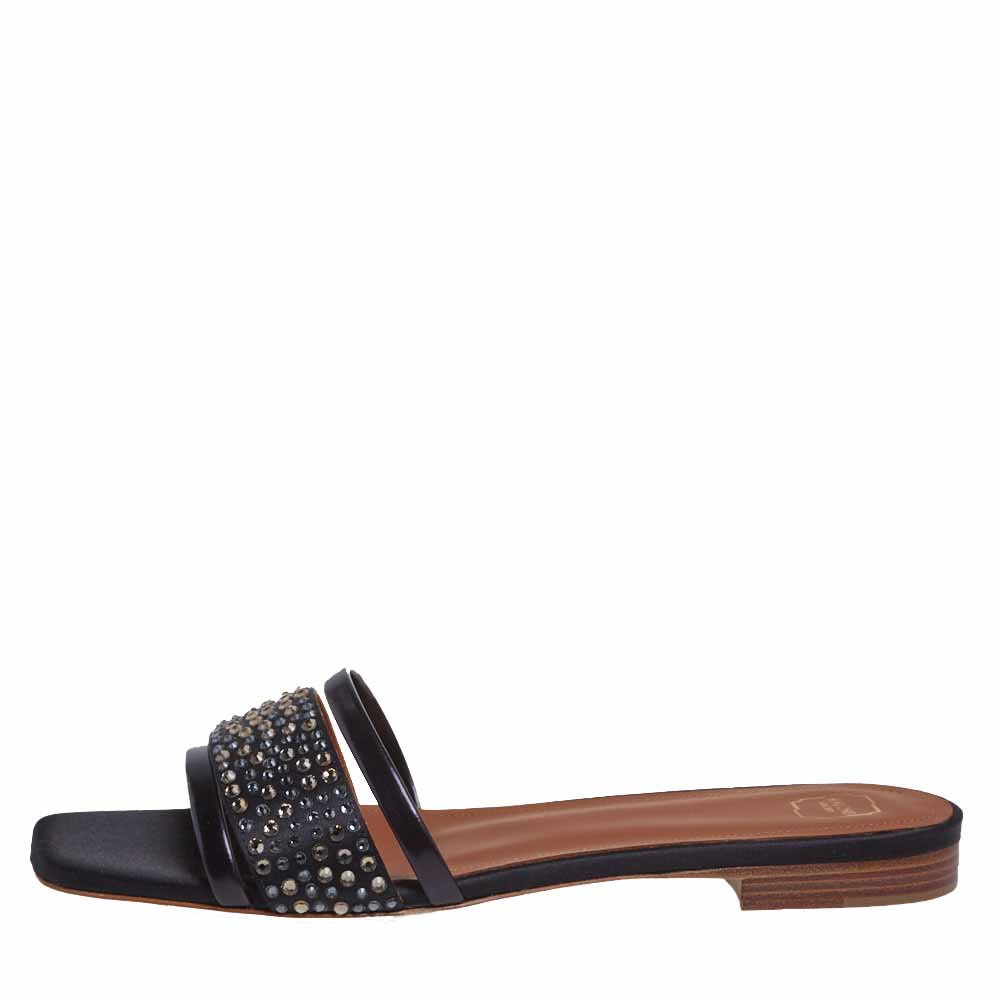 

Malone Souliers Black Leather And Satin Rosa Crystal Embellished Slide Sandals Size