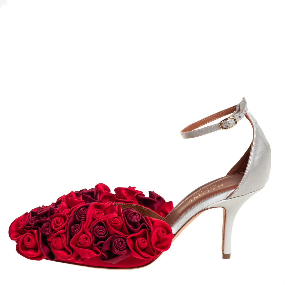 

Malone Souliers Red/Grey Satin And Leather Floral Embellished Ankle Strap D'orsay Pumps Size