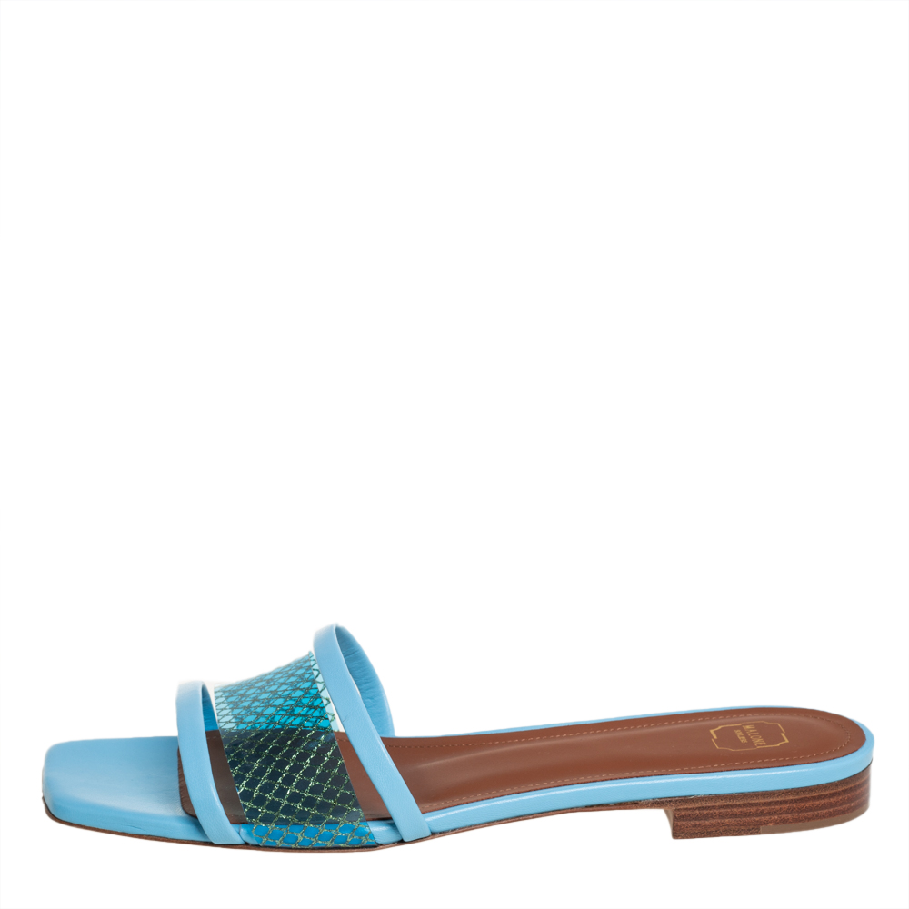 

Malone Souliers Blue Leather And PVC Demi Flat Slides Size