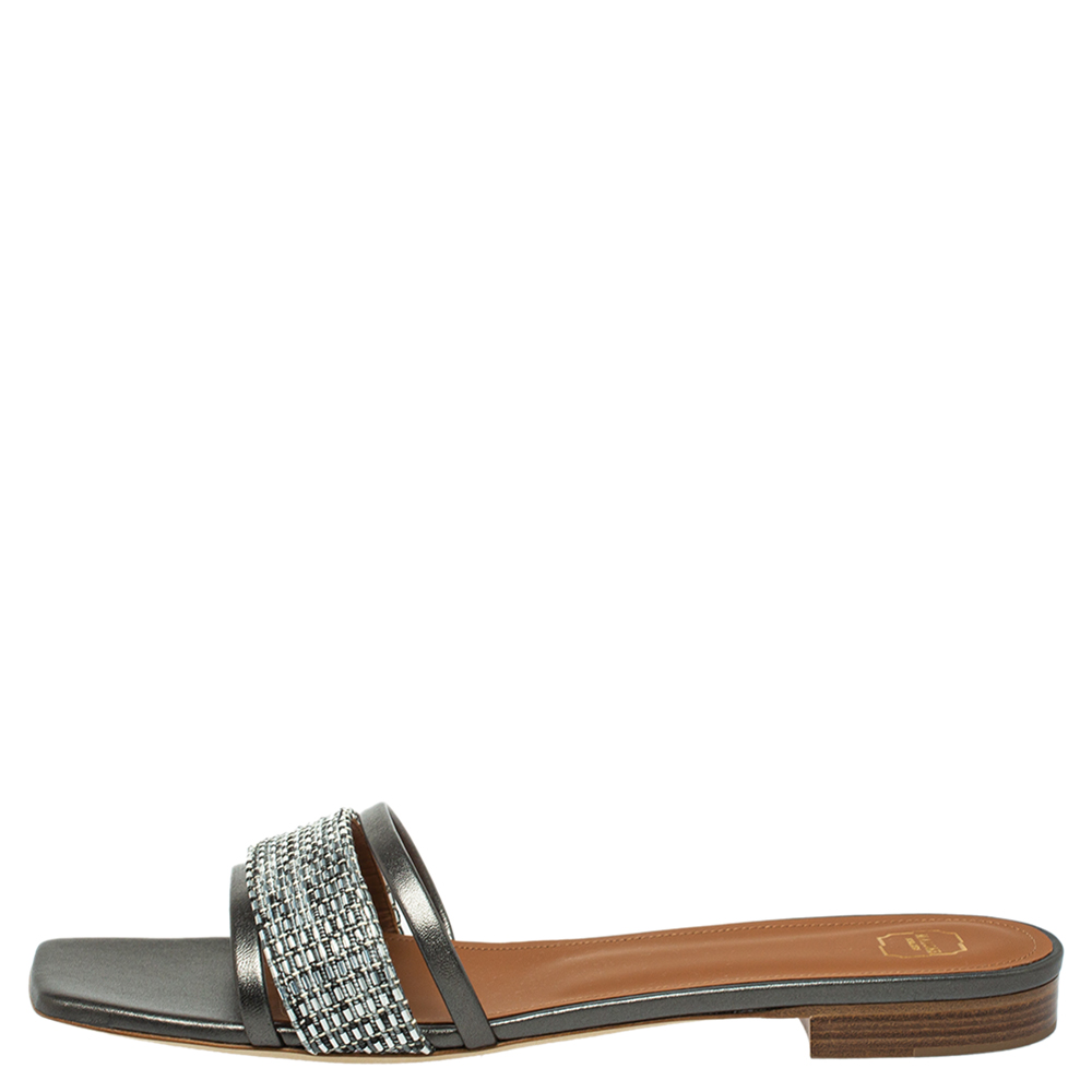 

Malone Souliers Metallic Grey/Silver Leather And Fabric Demi Flat Slides Size