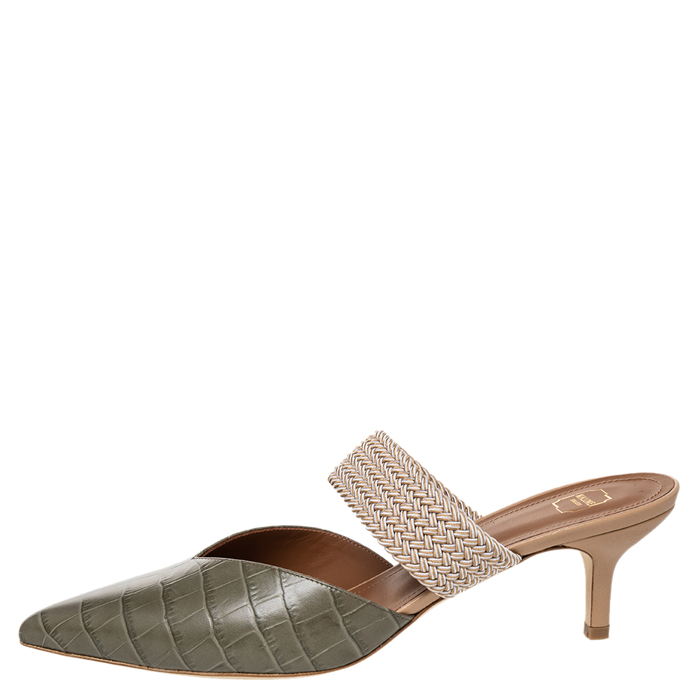 

Malone Souliers Green Croc Embossed Leather And Cord Maisie Pointed Toe Mules Sandals Size